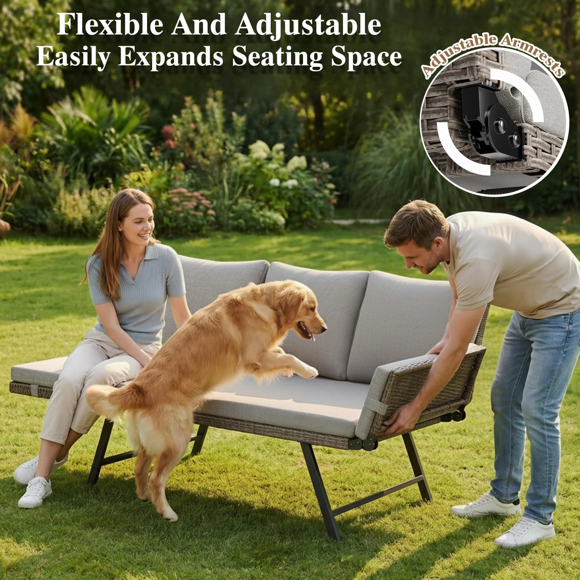 Fiutazge Divano Esterno in Polyrattan con Braccioli Regolabili,Divano Letto Convertibile 2 Posti con Cuscini Morbidi,Panchina da Esterno per Giardino, Balcone, Terrazzo e Portico-Beige