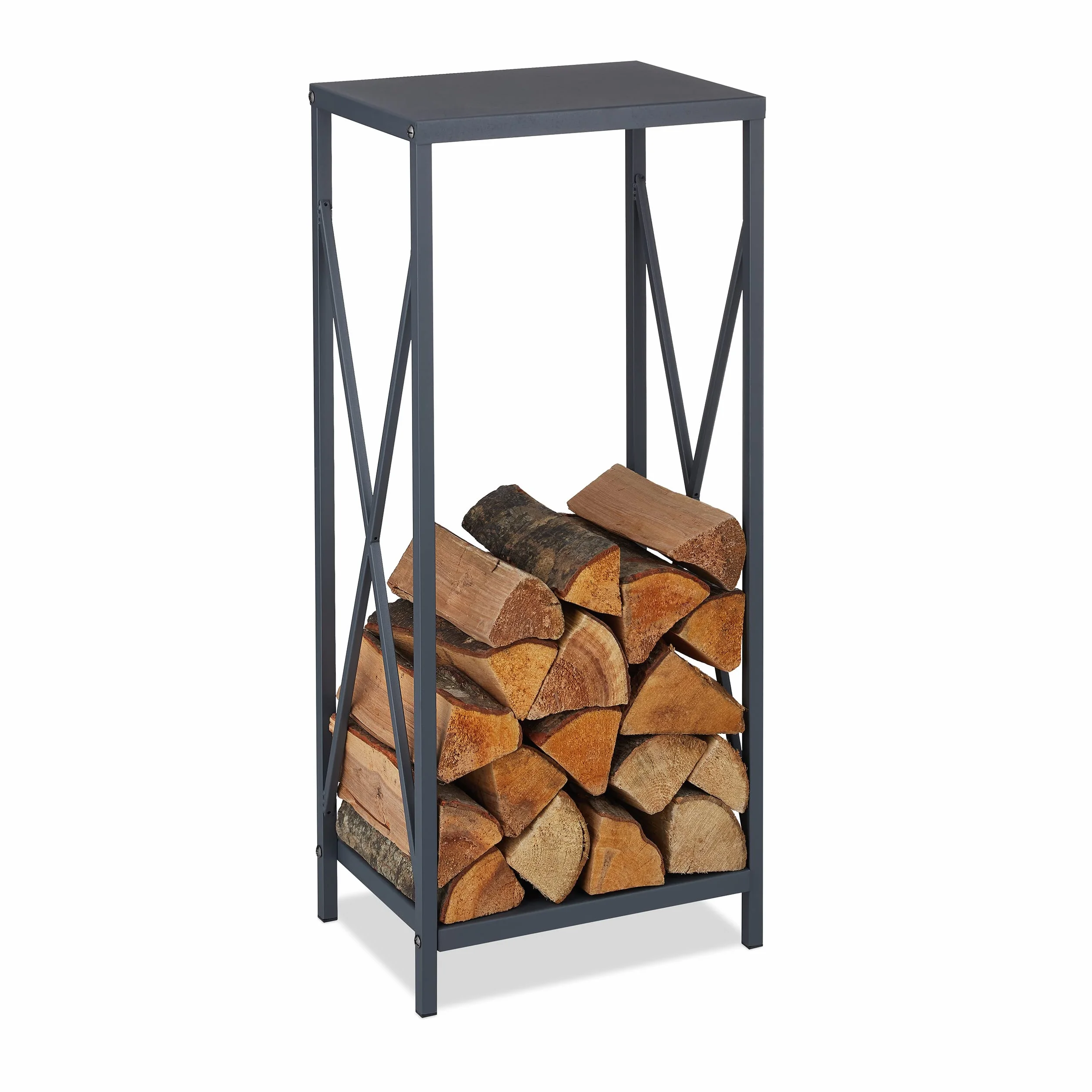 Portalegna in Metallo Relaxdays, Scaffale da Caminetto per Legna 80,5x34x25 cm Grigio