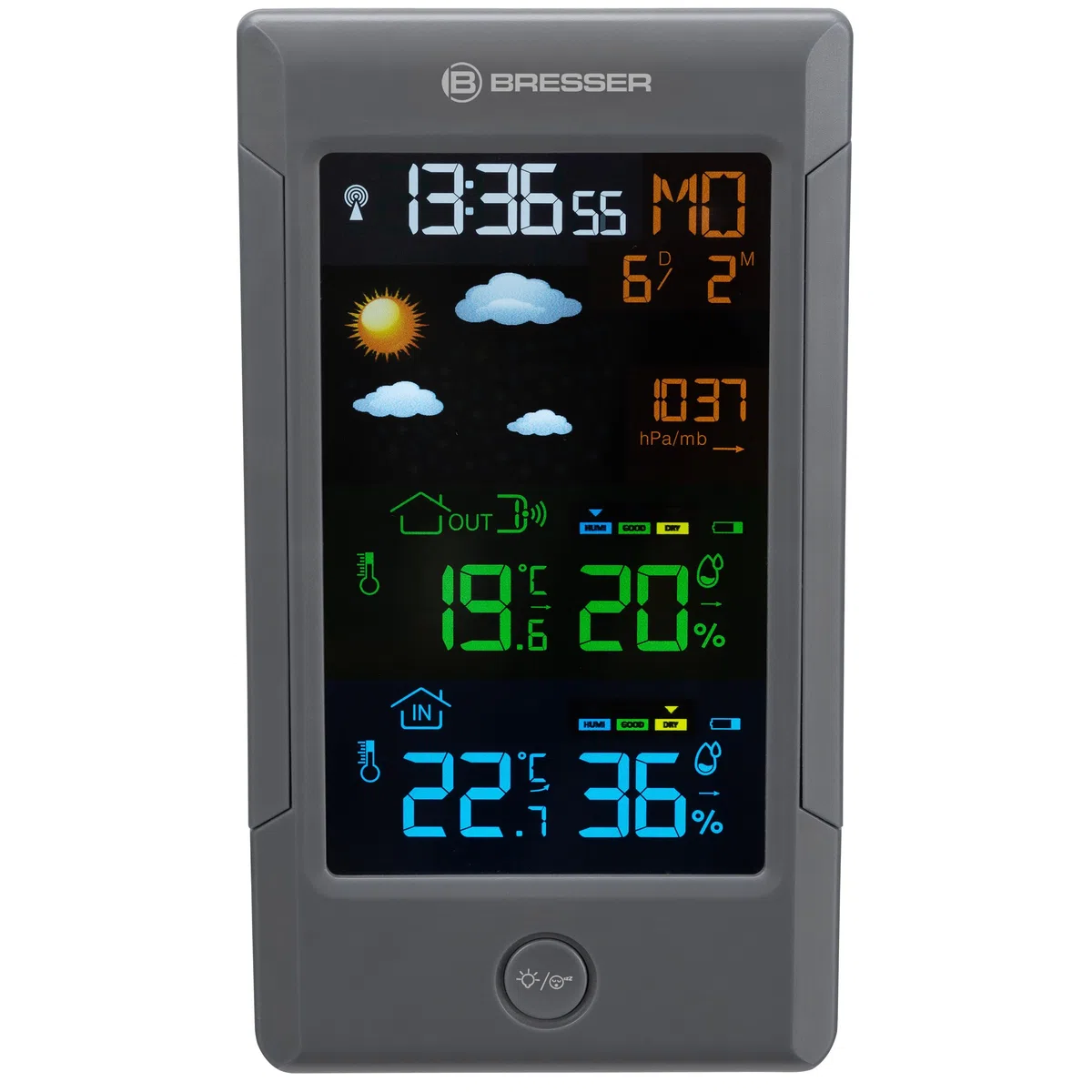 Bresser Stazione Meteo Radio con Sensore Esterno ClimateTemp NBF, Orologio DCF, Termometro Igrometro, Previsioni Meteo Display Colori Digitale