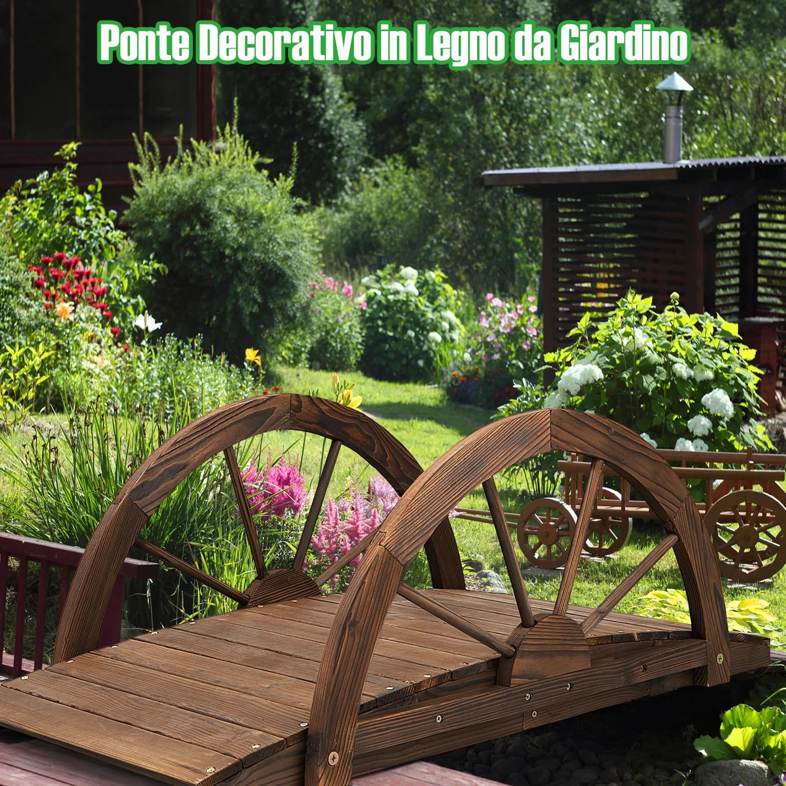GYMAX Ponte da Giardino in Legno, con Ringhiera di Sicurezza a Forma di Ruota Finitura Tinta, da Esterno per Cortile Giardino Torrente Fattoria, 101,5 x 48,5 x 38 cm
