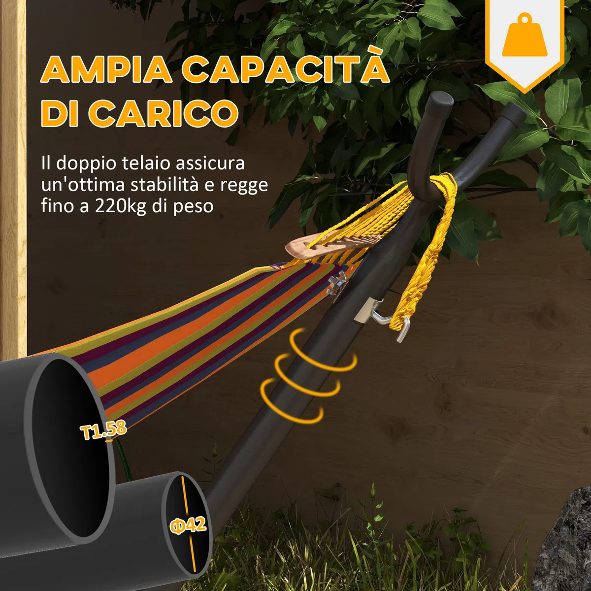 Outsunny Supporto per Amaca da 330 cm Max con 6 Fori e Rotelle, Sostegno per Amaca in Metallo con Borsa da Trasporto, 290x120x115 cm, Nero