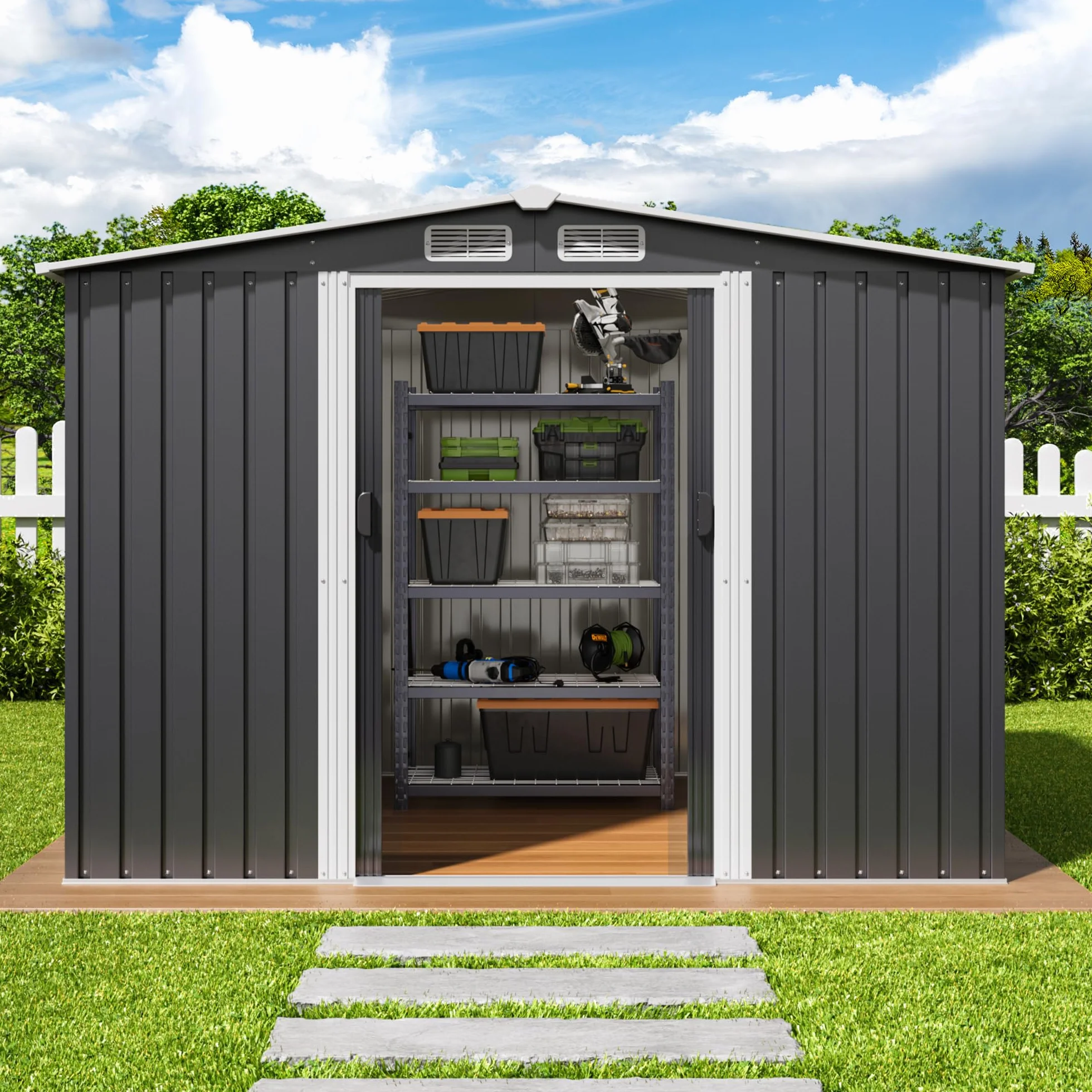 Xbro Capanno per Attrezzi in Metallo 5㎡, Casetta da Giardino da Esterno con Tetto Spiovente e Porta Scorrevole, Serratura, 247x193x179 cm