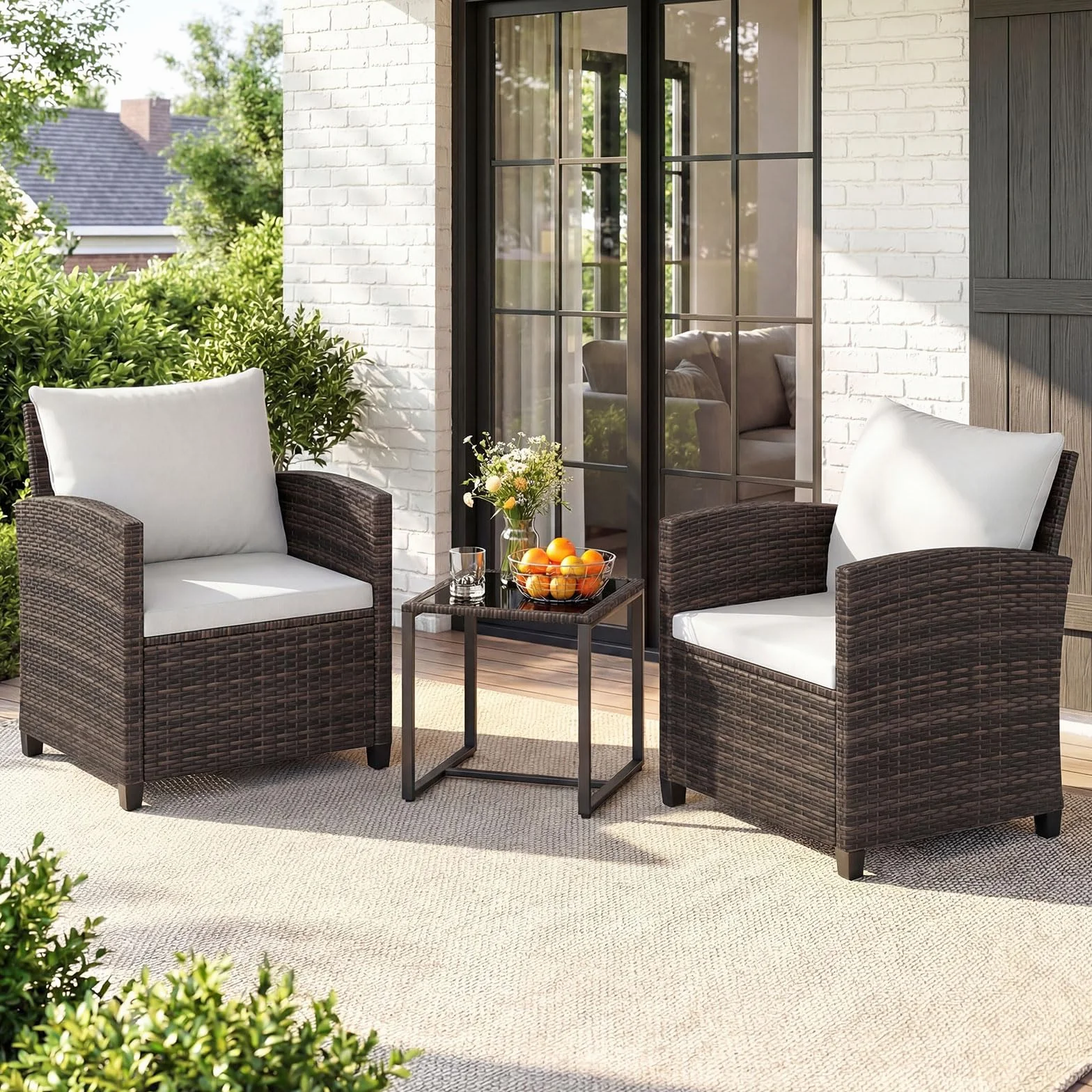 COSTWAY Set Mobili da Giardino 3 Pezzi, Salotto da Esterno in Rattan PE con Cuscini Sfoderabili, Tavolino in Vetro Temperato Beige