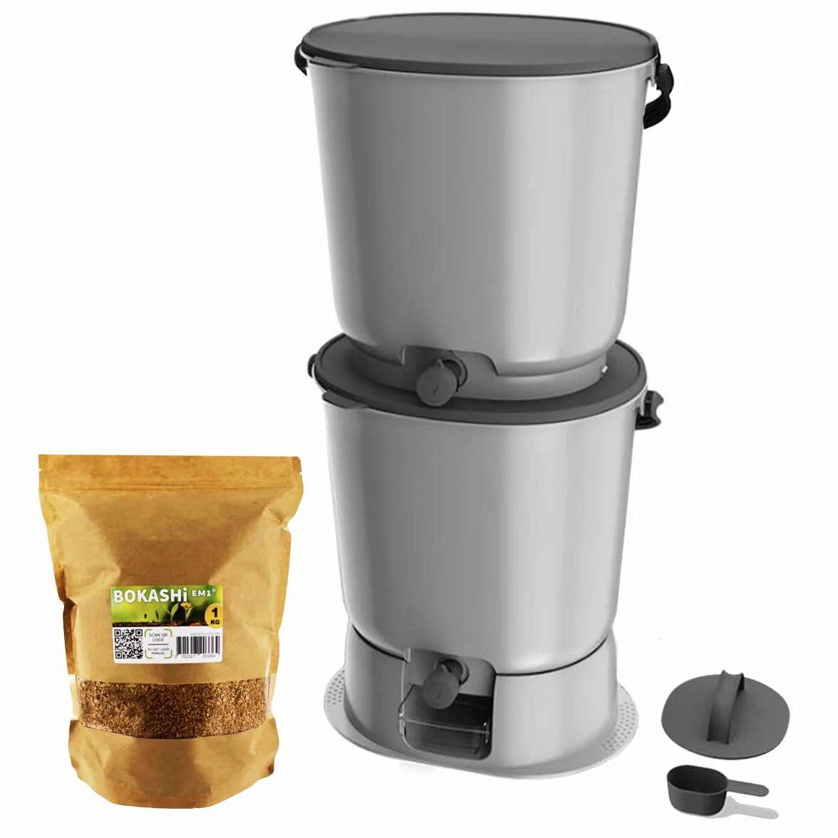 Bokashi Organko Essential Grigio 15,3L Set 2 secchi compost organico con compattatore 1 kg attivatore fermentazione EM-1