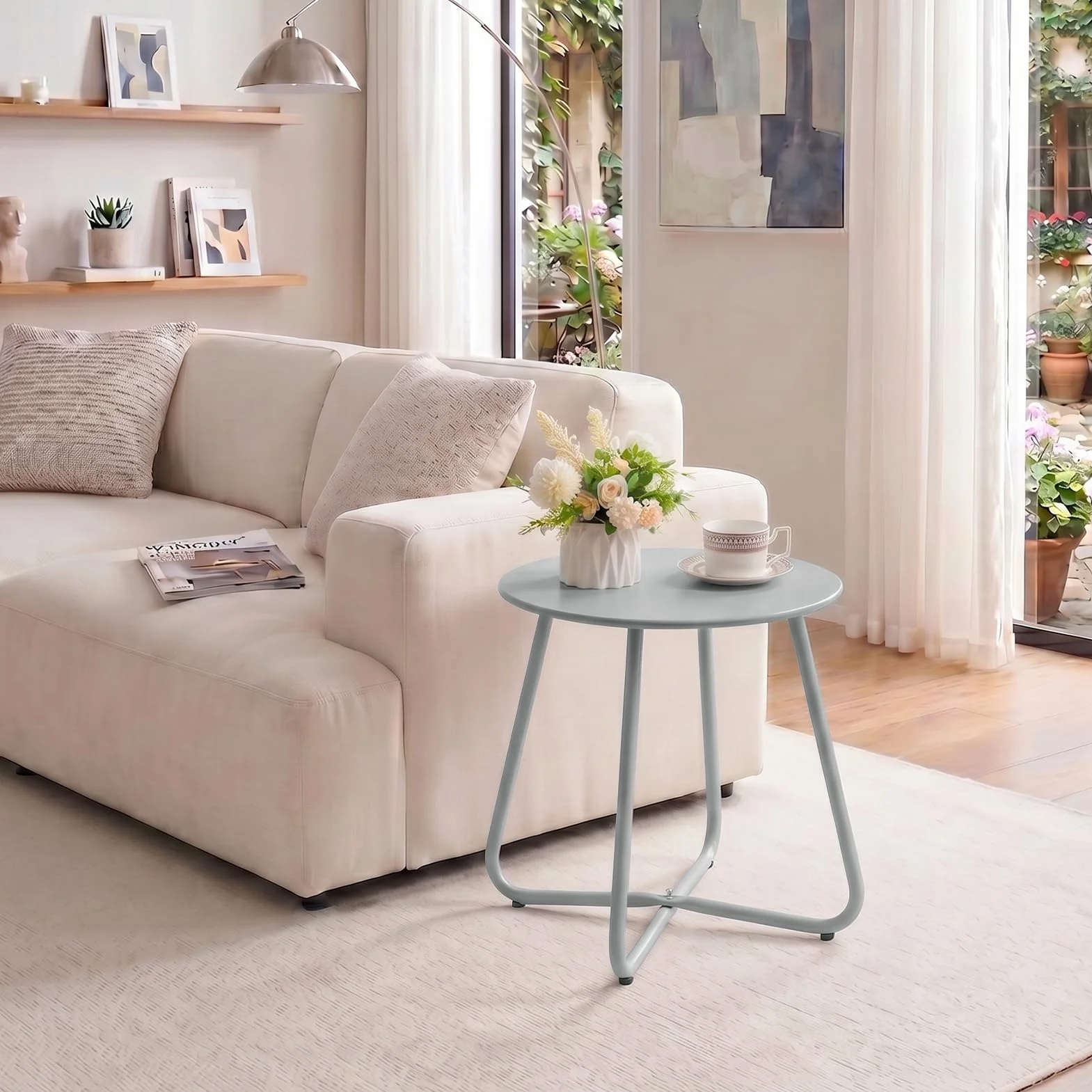 HollyHOME Tavolo da Giardino Rotondo in Metallo, Grigio