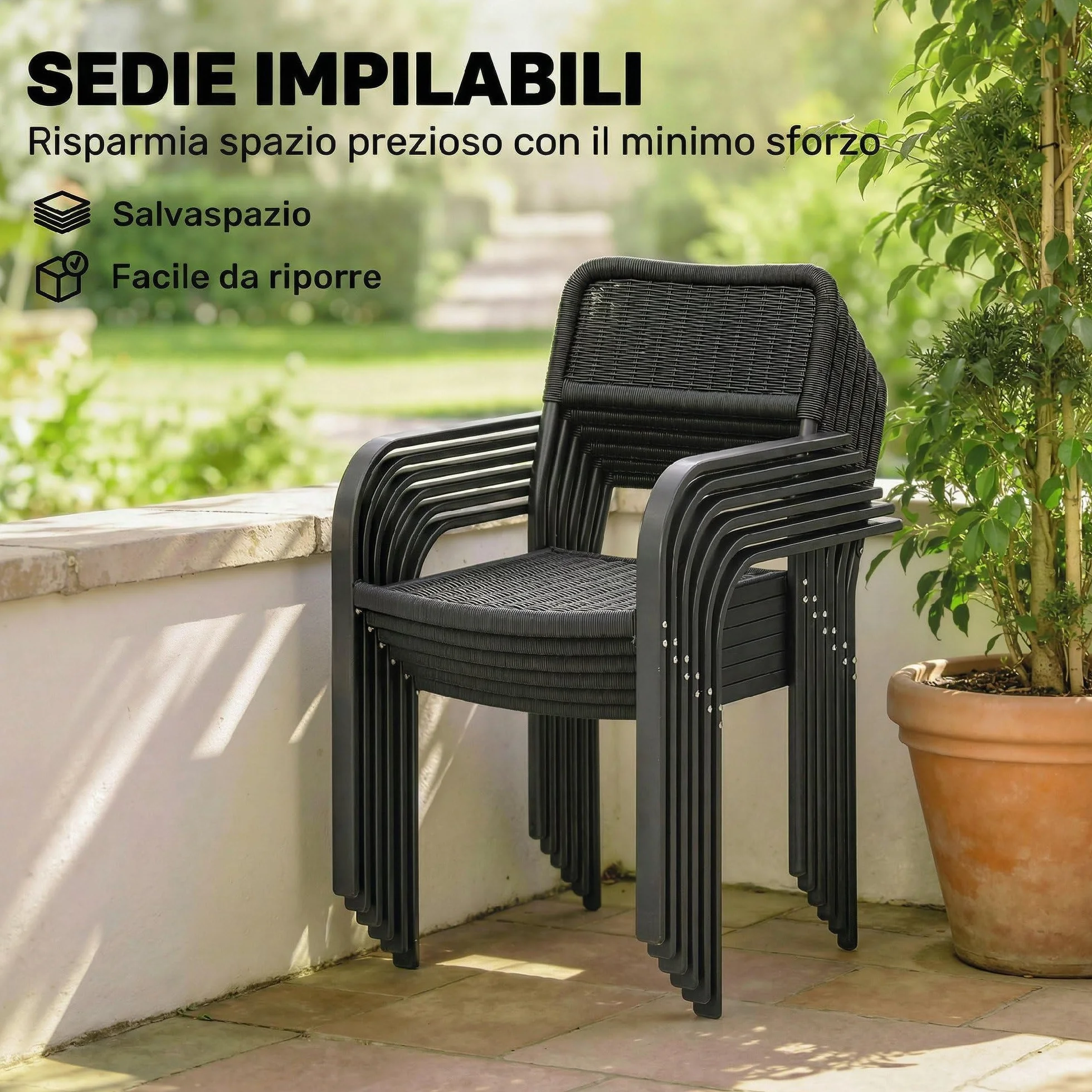 Outsunny Set Tavolo e Sedie da Giardino 7 Pezzi, Set da Pranzo Esterno con 6 Sedie Impilabili in Plastica Finto Rattan e Tavolo in Metallo Effetto Legno, Nero