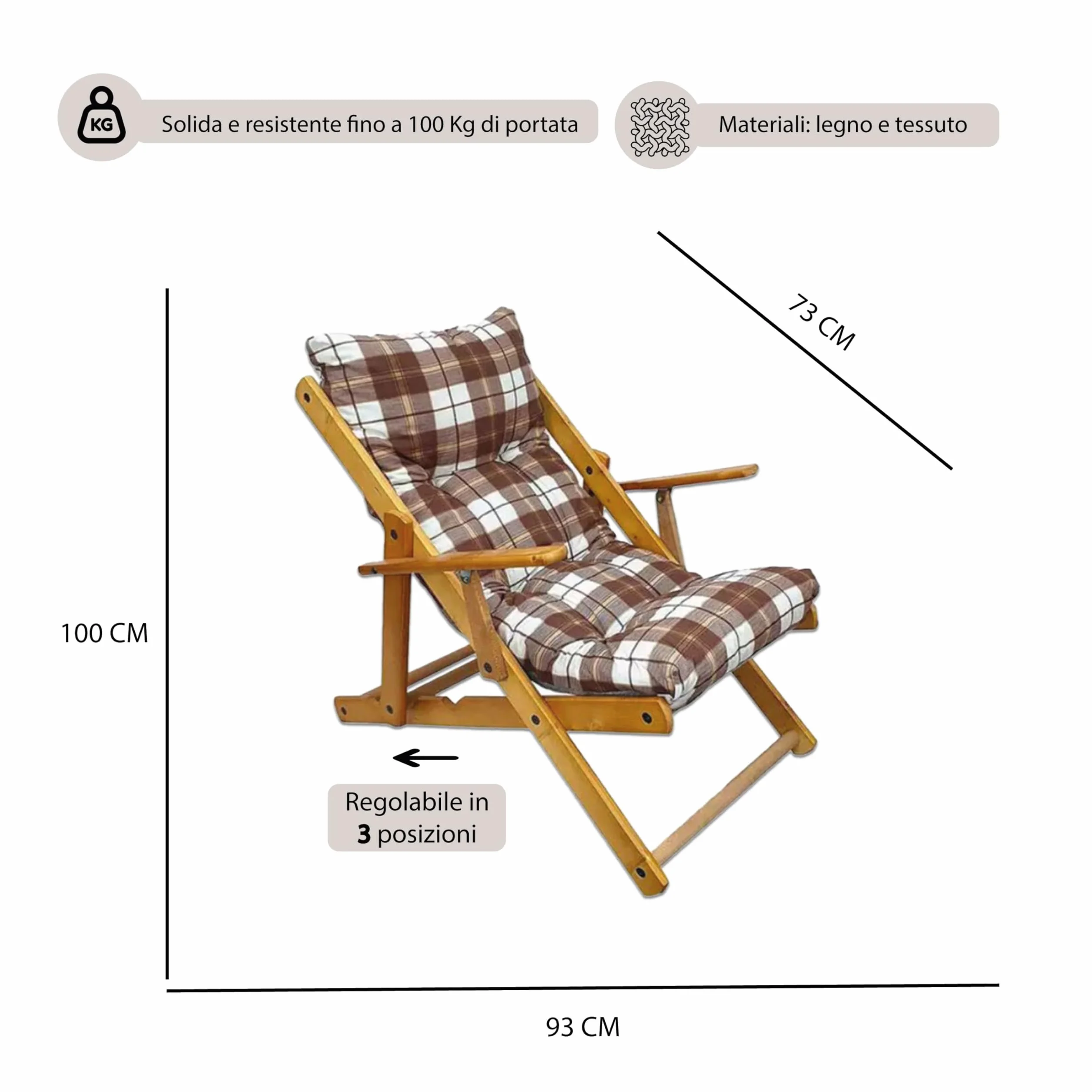 MAURY'S Poltrona Sdraio Harmony Relax w Legno 3 posizioni z Cuscino Imbottito (Scozzese)