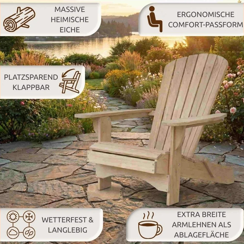 Original Dream-Chairs since 2007 Adirondack Chair Comfort pieghevole in legno massello di rovere come kit sedia da giardino pieghevole resistente alle intemperie per rilassarsi all'aperto carico