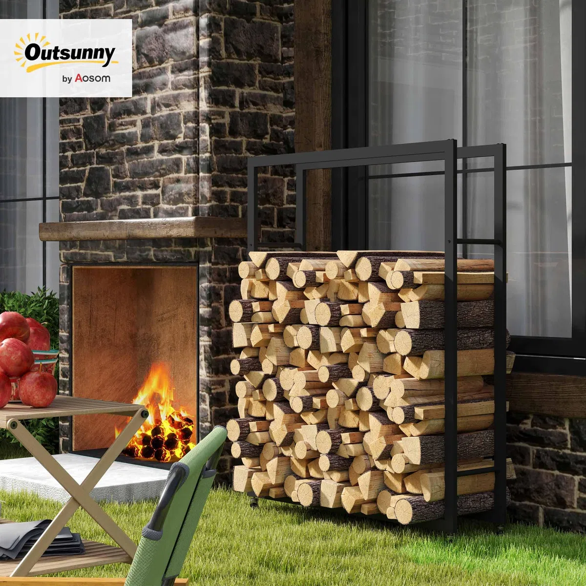 Outsunny Scaffale Portalegna da Esterno e Interno con Ruote, Legnaia in Metallo Rinforzato, 0.43m³, 120x32x151cm, Nero