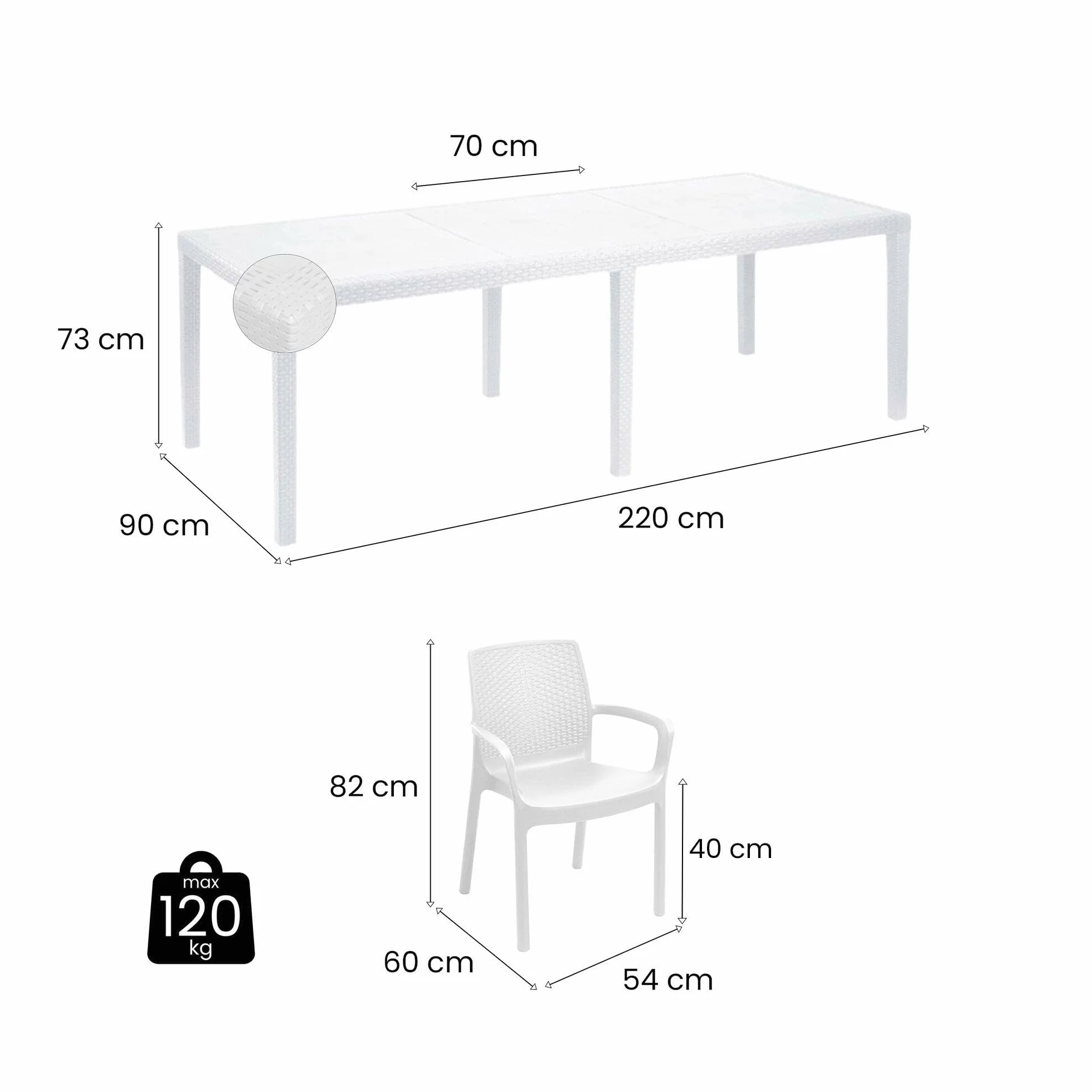 Dmora Set salotto da esterno Manarola, tavolo allungabile con 4 sedie, effetto rattan, Made in Italy, Bianco