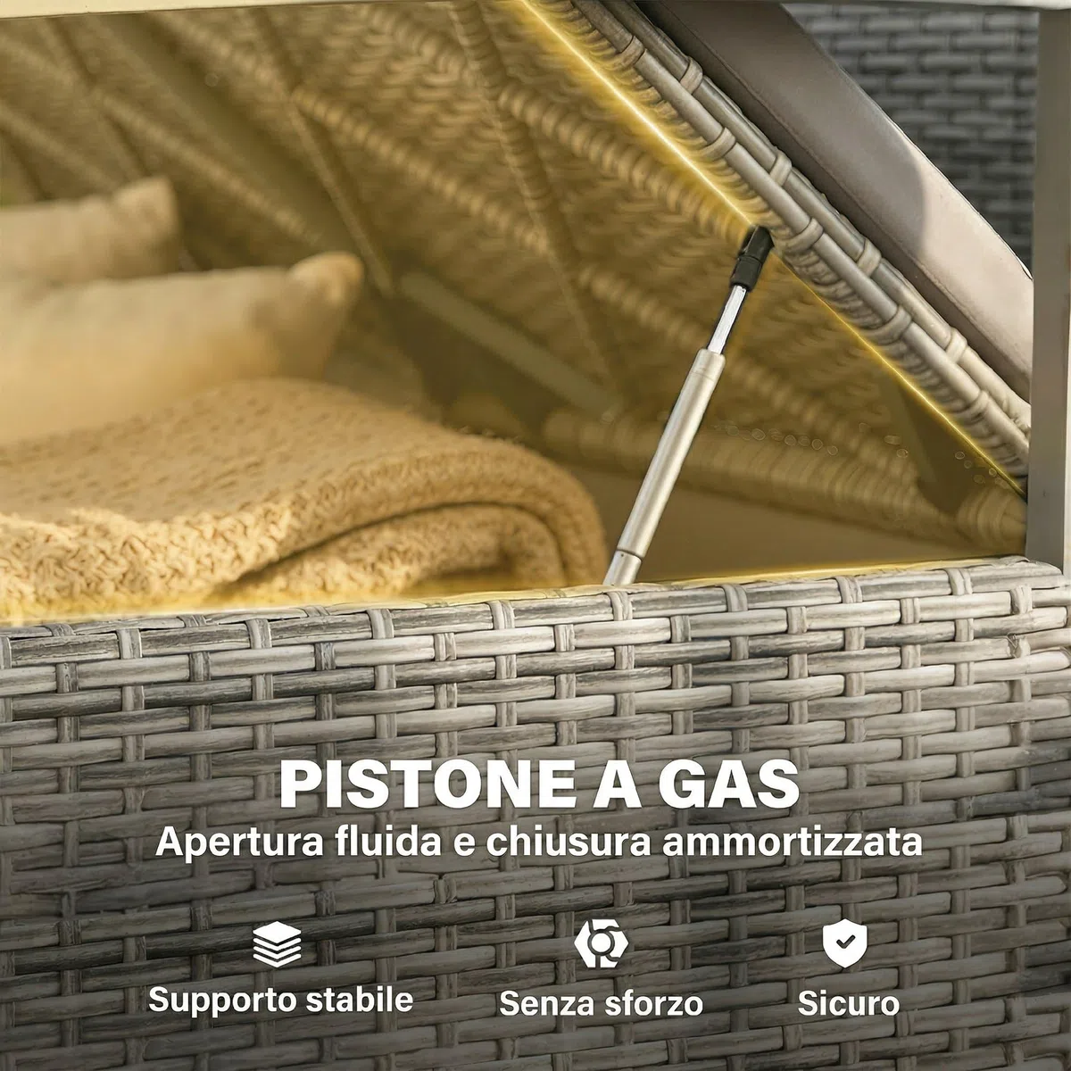 Outsunny Cassapanca Contenitore da Esterno in Rattan PE 170L, Panca Contenitore da Esterno 2 Posti con Braccioli in Legno di Acacia, Cuscino Lavabile, Fodera con Cerniera, Pistone a Gas, Grigio Chiaro