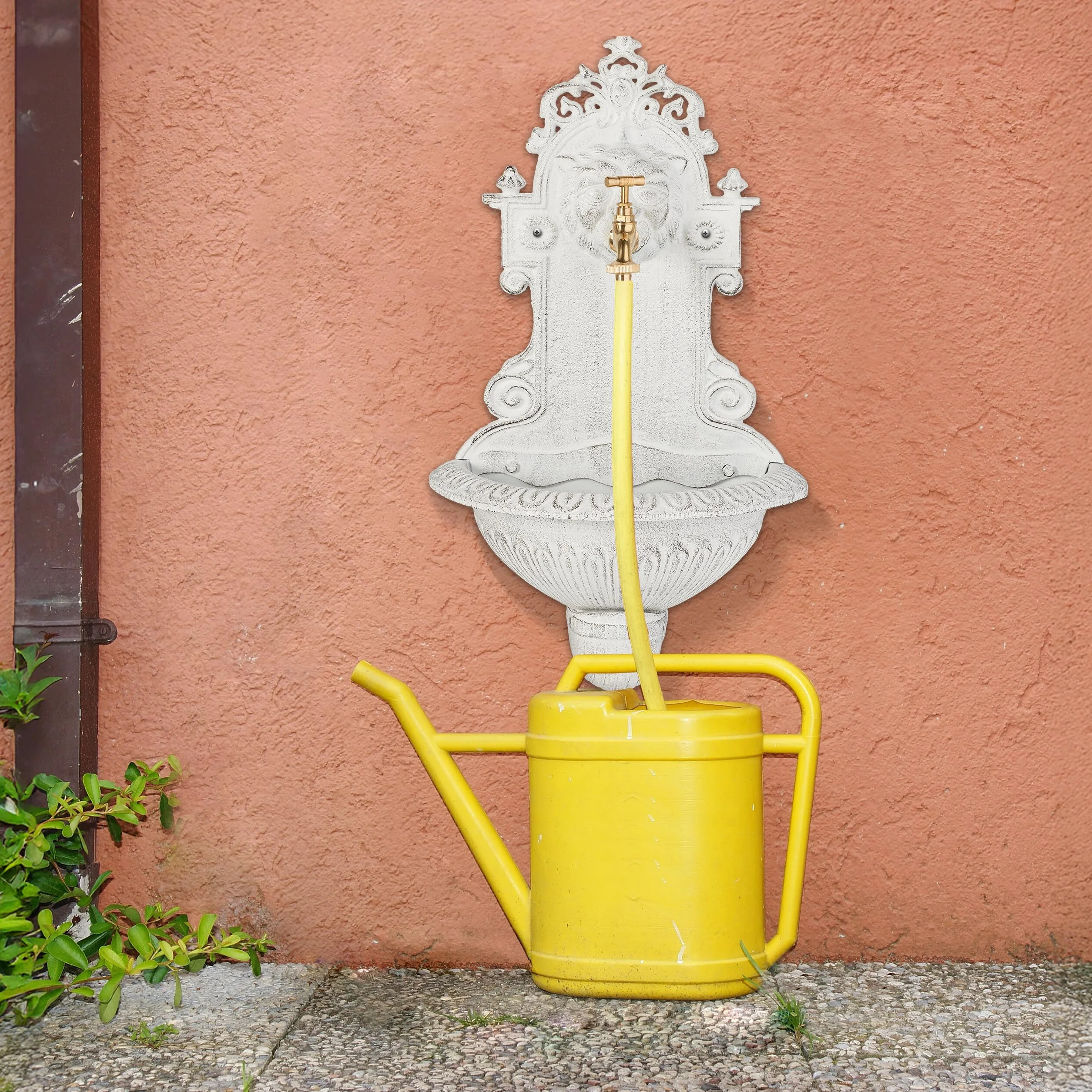 Relaxdays Fontana a Muro da Esterno, Fontanella Giardino, Vaschetta Rubinetto, Ghisa e Ottone, HLP: 61x35x18 cm, Bianco