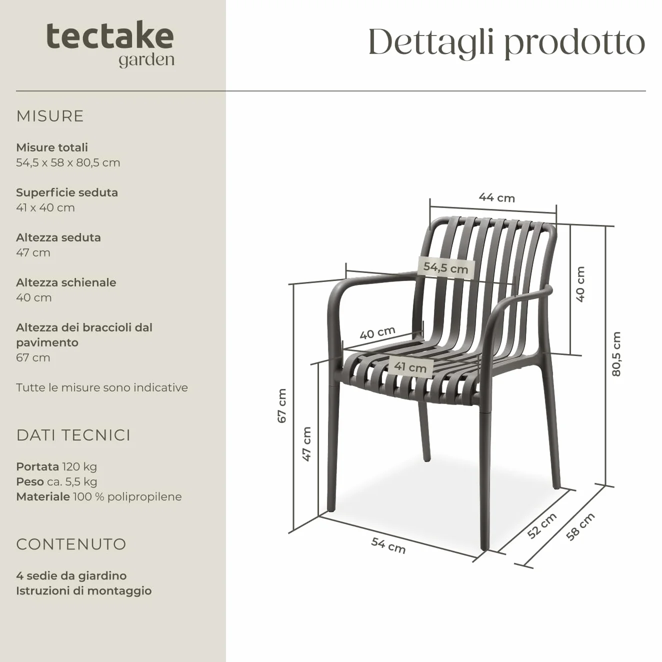 Tectake Set da 4 Sedie da Giardino Impilabili in Polipropilene per Esterno, Terrazzo, Antracite