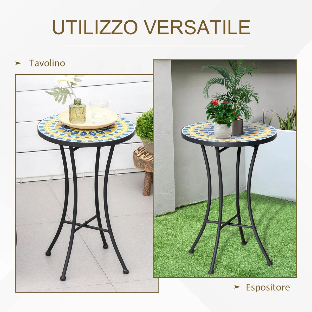 Outsunny Tavolino da Giardino in Metallo con Piano a Mosaico in Ceramica 35.5x53.5cm Multicolore