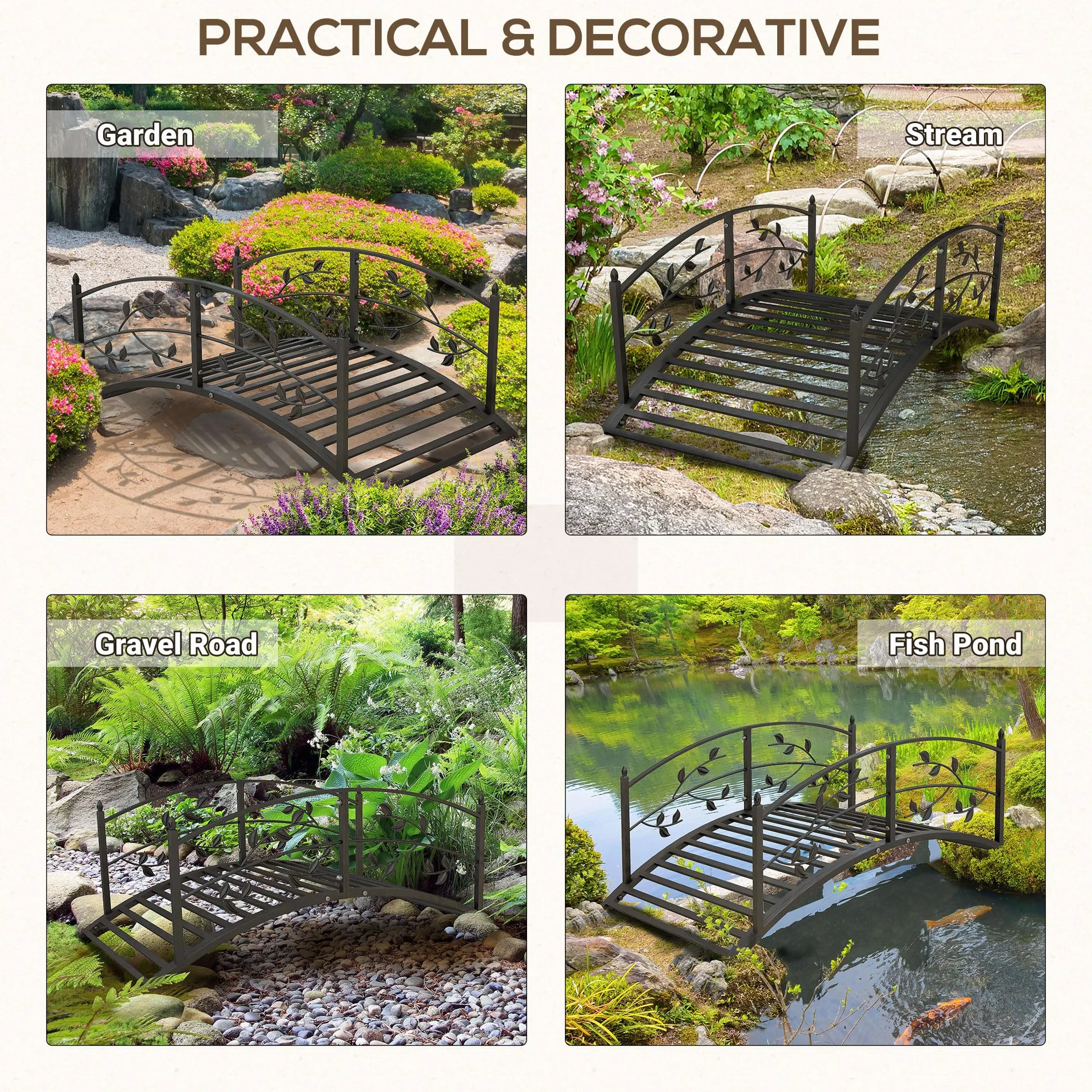 Outsunny Ponte del Giardino - Ponte di Bacino - decorazione del Giardino dim. 119 x 67 x 47 cm con balaustra, motivo vite in acciaio nero