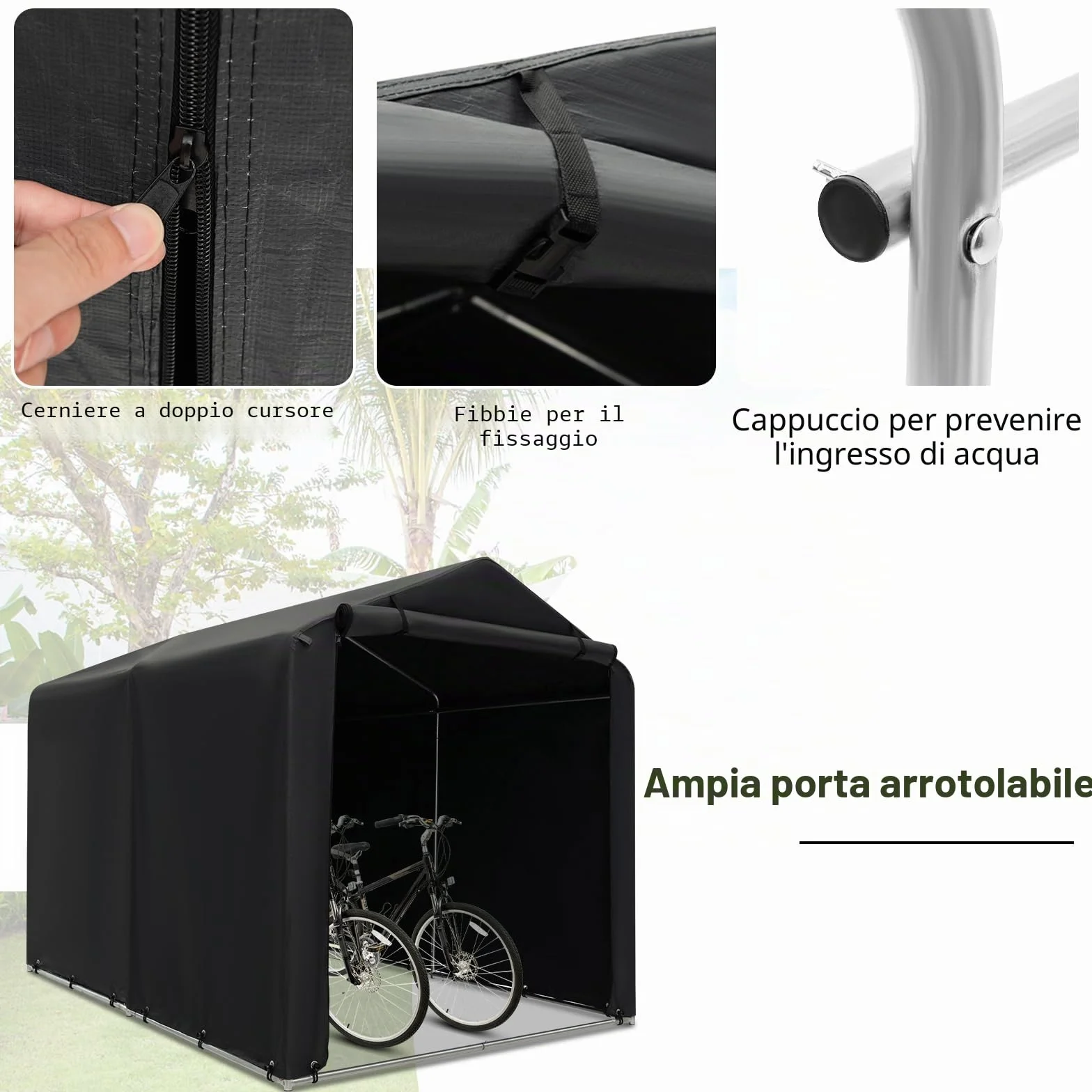 SOARS Capanno da Giardino 218 X 160 X 164 CM, Tenda Garage per Bici Moto Attrezzi, con Copertura en PE Impermeabile, Porta con Cerniera, Telaio in Metallo, Picchetti, per Esterno (Grigio Scuro)