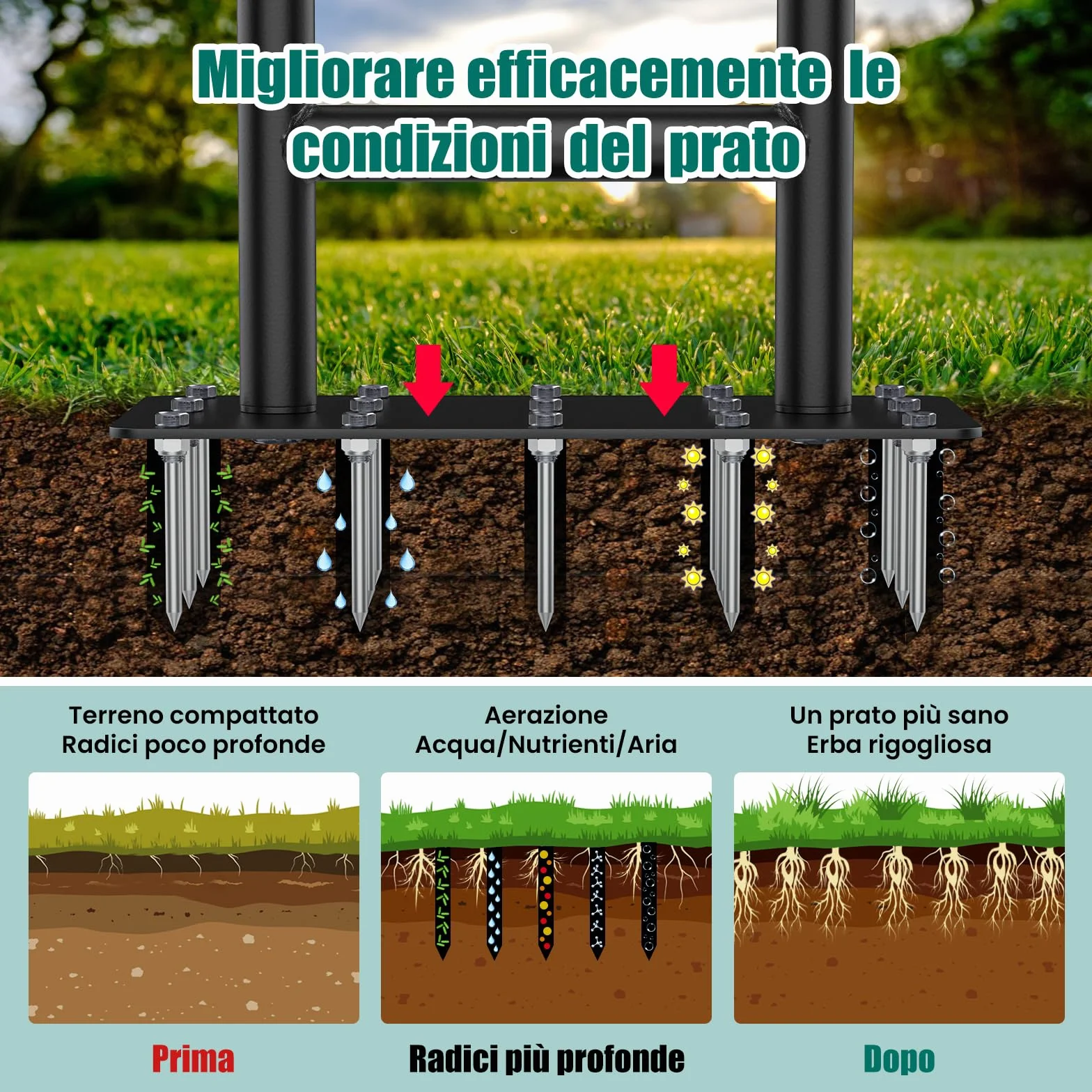 HYCHIKA Arieggiatore per Prato Manuale, 15 Pezzi di Punte in Acciaio Massiccio, Scarificatore per Prato, Aeratore per Prato Giardino