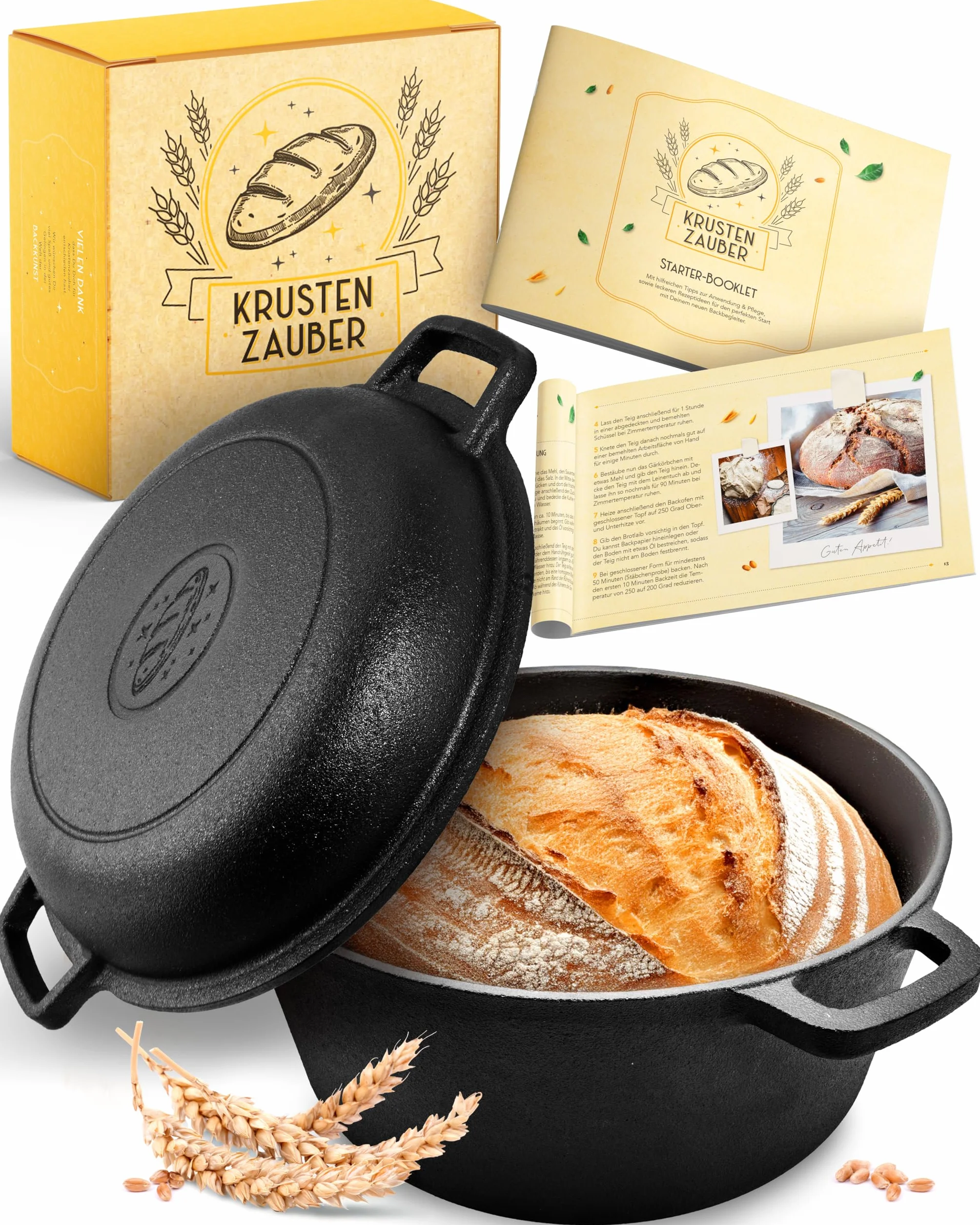 KRUSTENZAUBER Pentola in ghisa con coperchio – 26 cm Dutch Oven come teglia in ghisa o pentola per pane – Cast Iron Pot come pentola di alta qualità con ricette