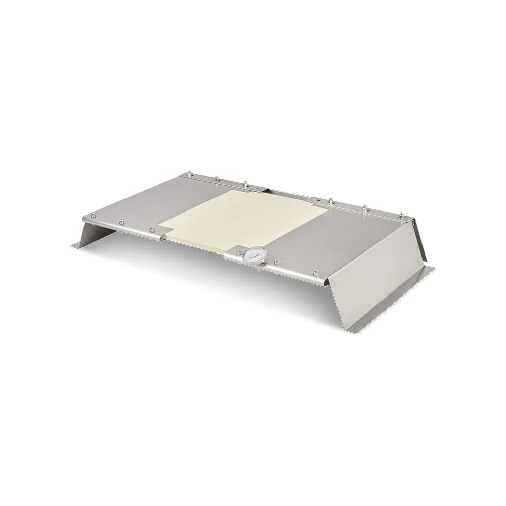 Griglia a gas Moesta-BBQ PizzaCover Flex in acciaio inox con tetto a codierite regolabile 600-900 mm