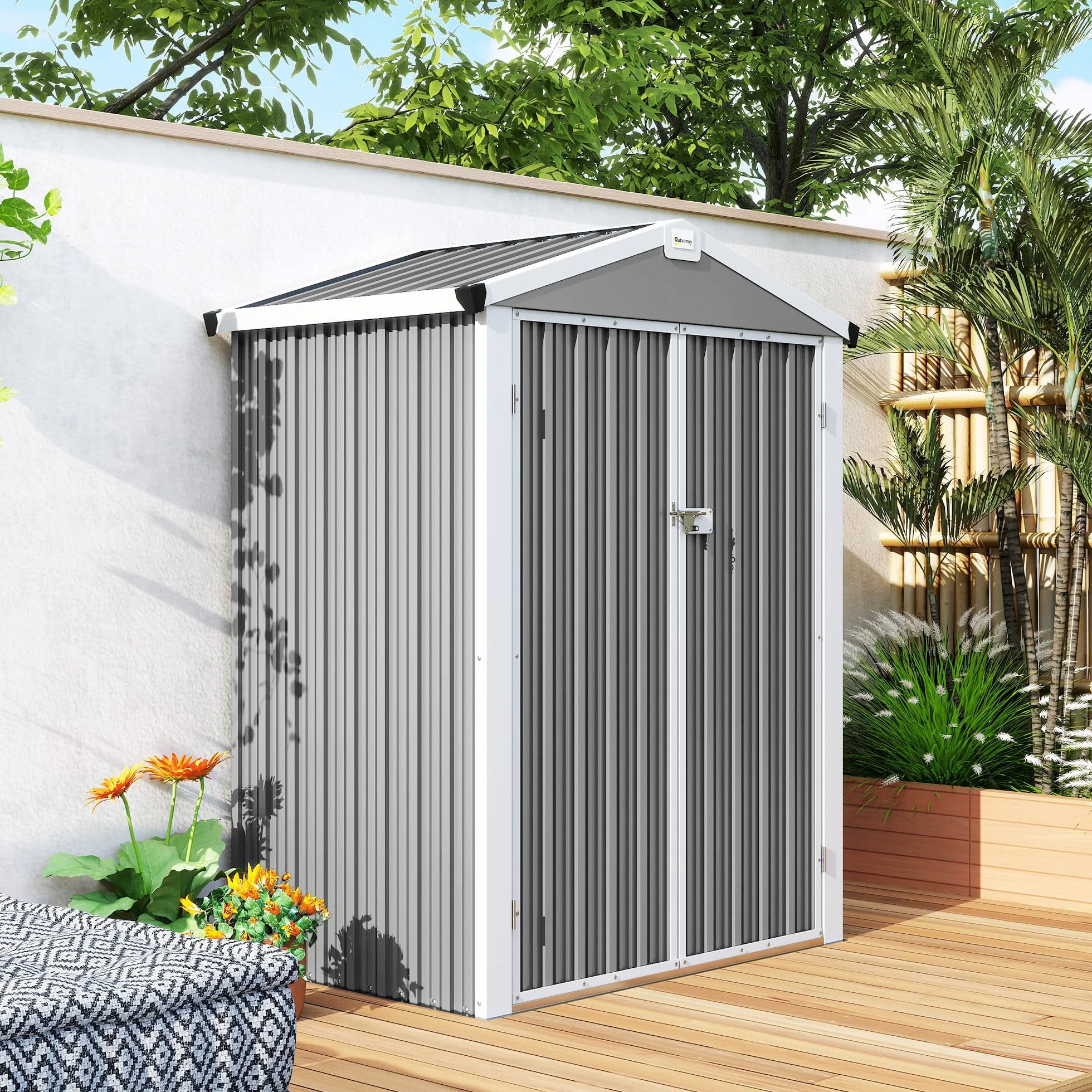 Outsunny Casetta da Giardino 1.1m² Acciaio Zincato Doppie Porte Larghe Bloccabili Tetto Inclinato 133x87x178 cm Grigio Argento