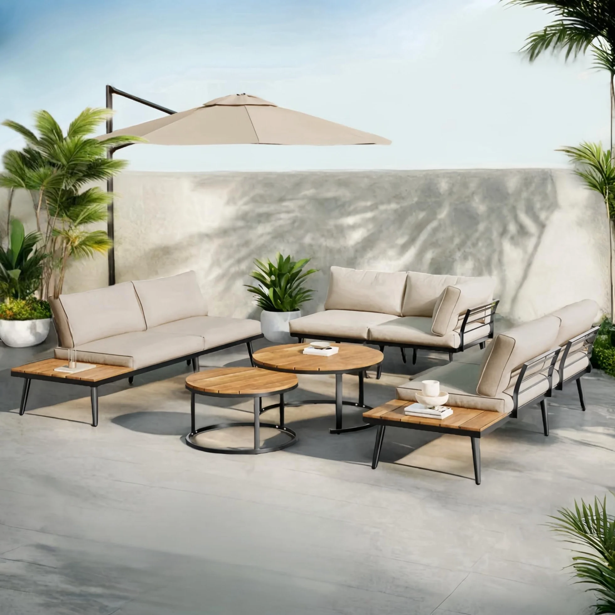 Lubvtti Set giardino esterno per 5-6 persone,divano da esterno,esterno tavolo da giardino con sedie (2x divano a 2 posti, 2x poltrona singola, 2x tavolo),mobili da giardino,beige