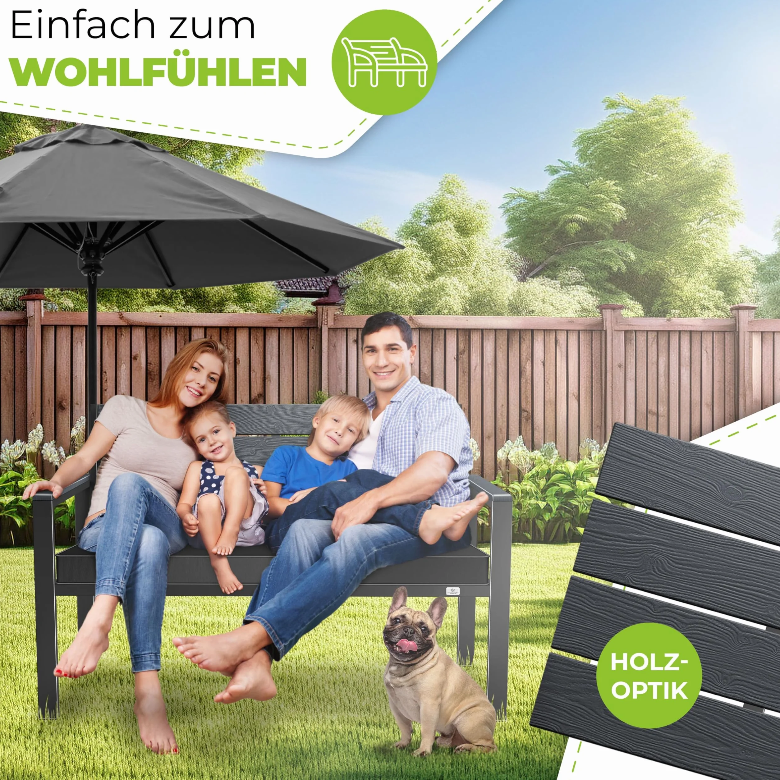 KESSER® Panca da giardino con cuscino, resistente alle intemperie, 2 posti, effetto legno, per balcone, terrazza, balcone, portata fino a 300 kg, resistente ai raggi UV, con rivestimento imbottito