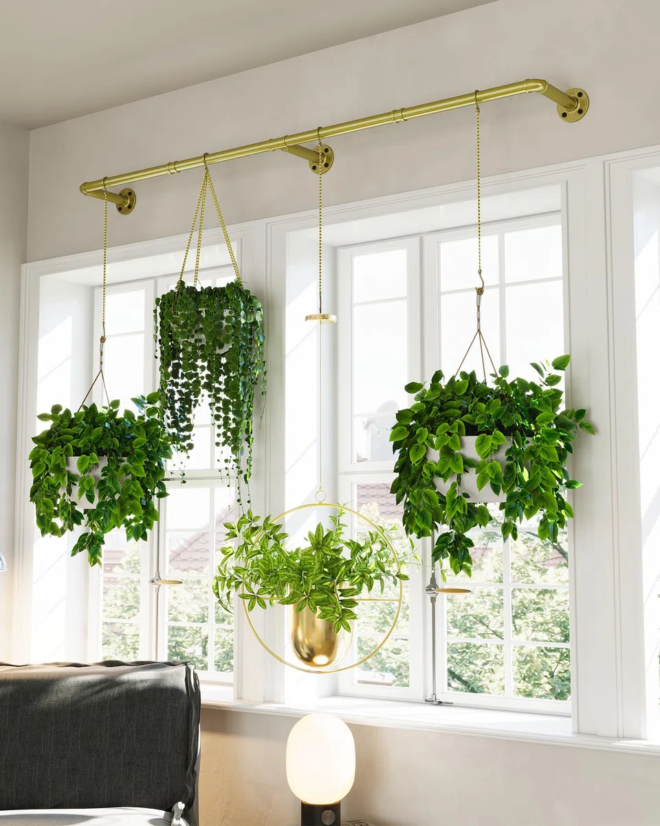 SOFITORG Appendiabiti per piante da interno, fioriere sospese per piante da interno con 6 catene sospese, asta per piante da parete per soffitto di finestre, 165 cm, metallo/oro..