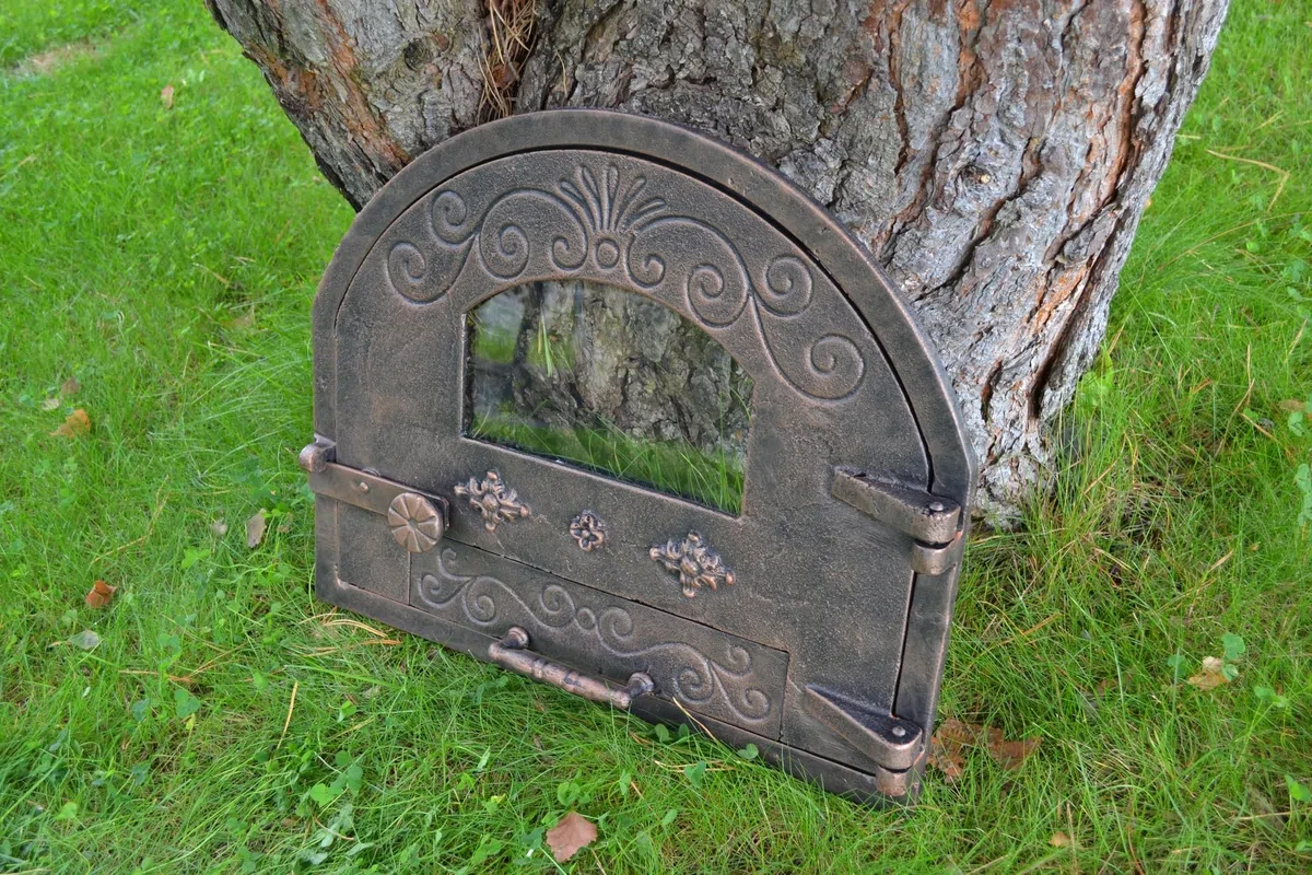 Porta per forno in ghisa 52,5x3,50x43,50 cm con vetro rame SEZAM