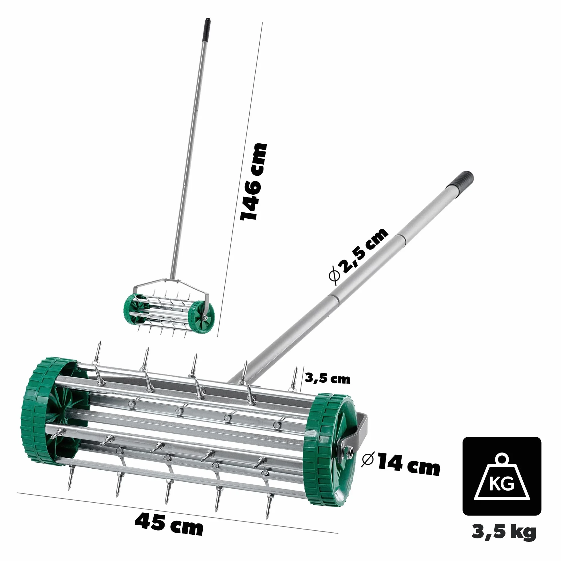 KADAX Aeratore manuale per prato in acciaio robusto, aeratore manuale con chiodi da 3,3 cm, aeratore a pavimento con impugnatura ergonomica, rullo robusto (148 cm)