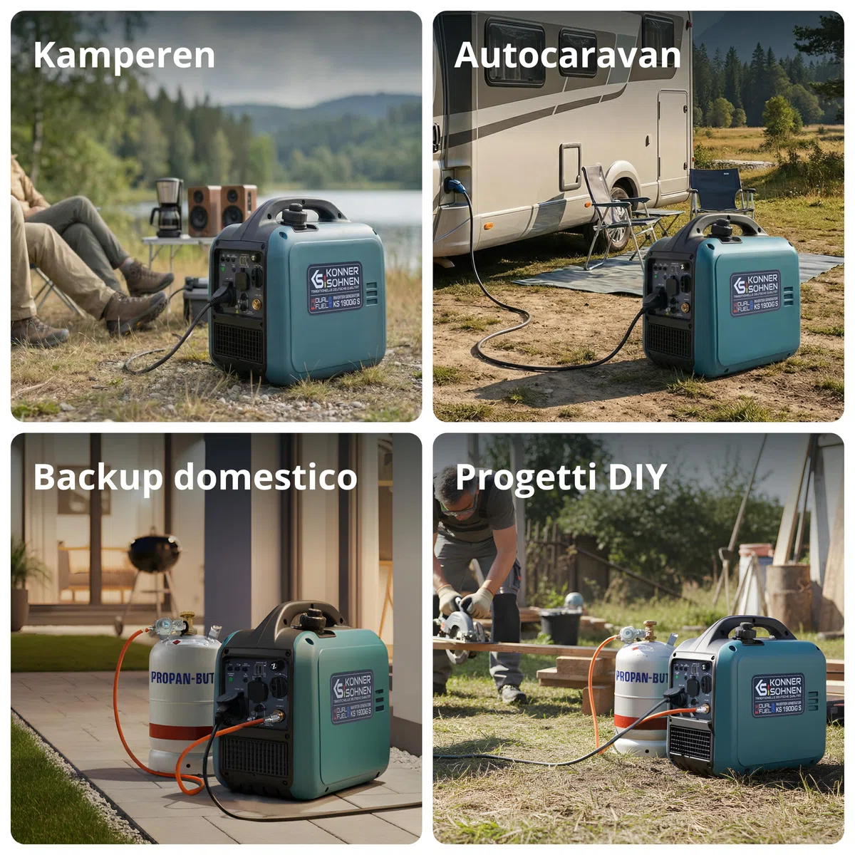 Könner & Söhnen KS 1900iG S Generatore inverter GPL 2,0 kW, Dual Fuel, generatore di corrente inverter Eco-Mode, generatore di corrente di emergenza per uso esterno, generatore a benzina, 230 V/16 A