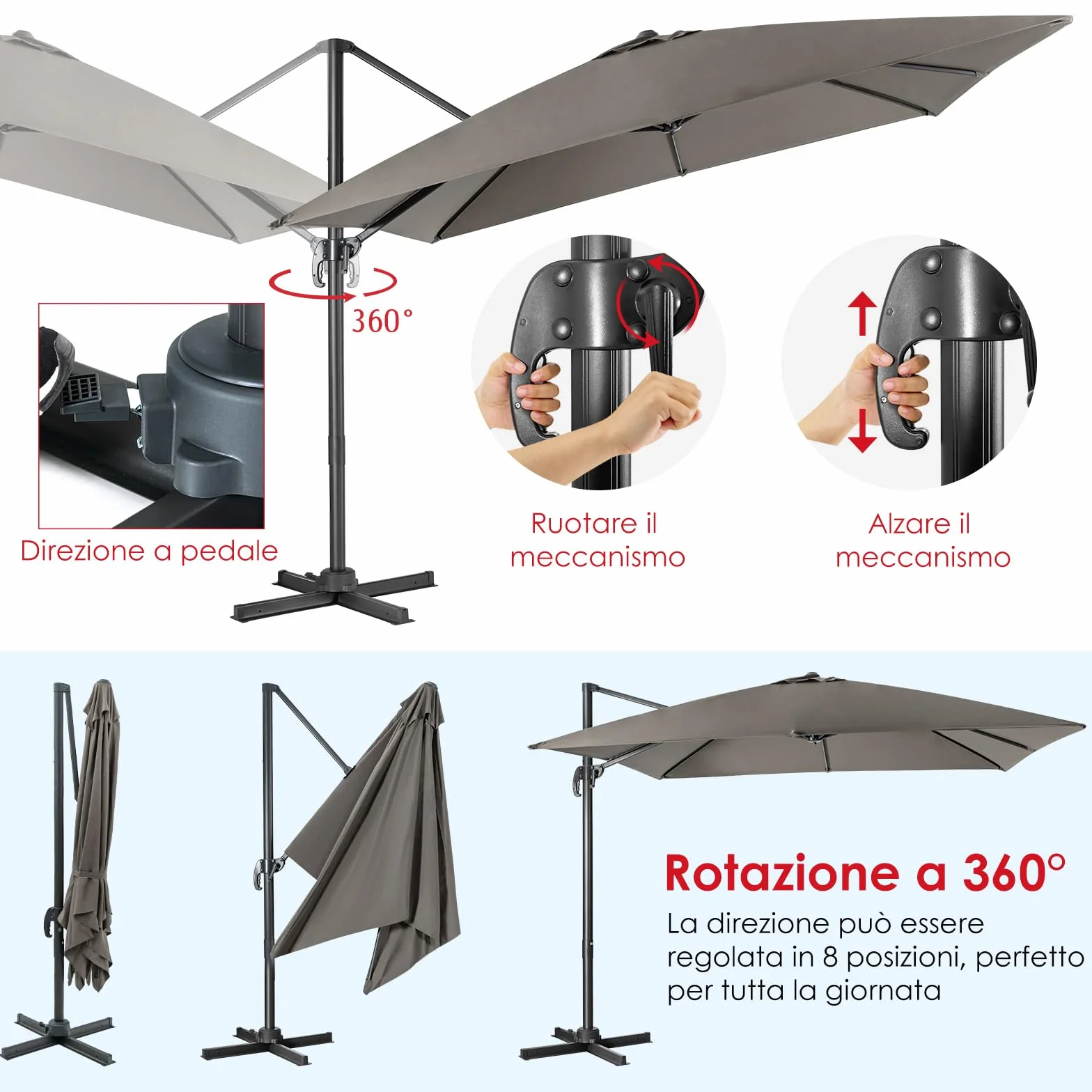COSTWAY Ombrellone da Giardino 300x300cm 3 Inclinazioni Rotazione 360° Manovella 8 Stecche Base Incrociata Grigio
