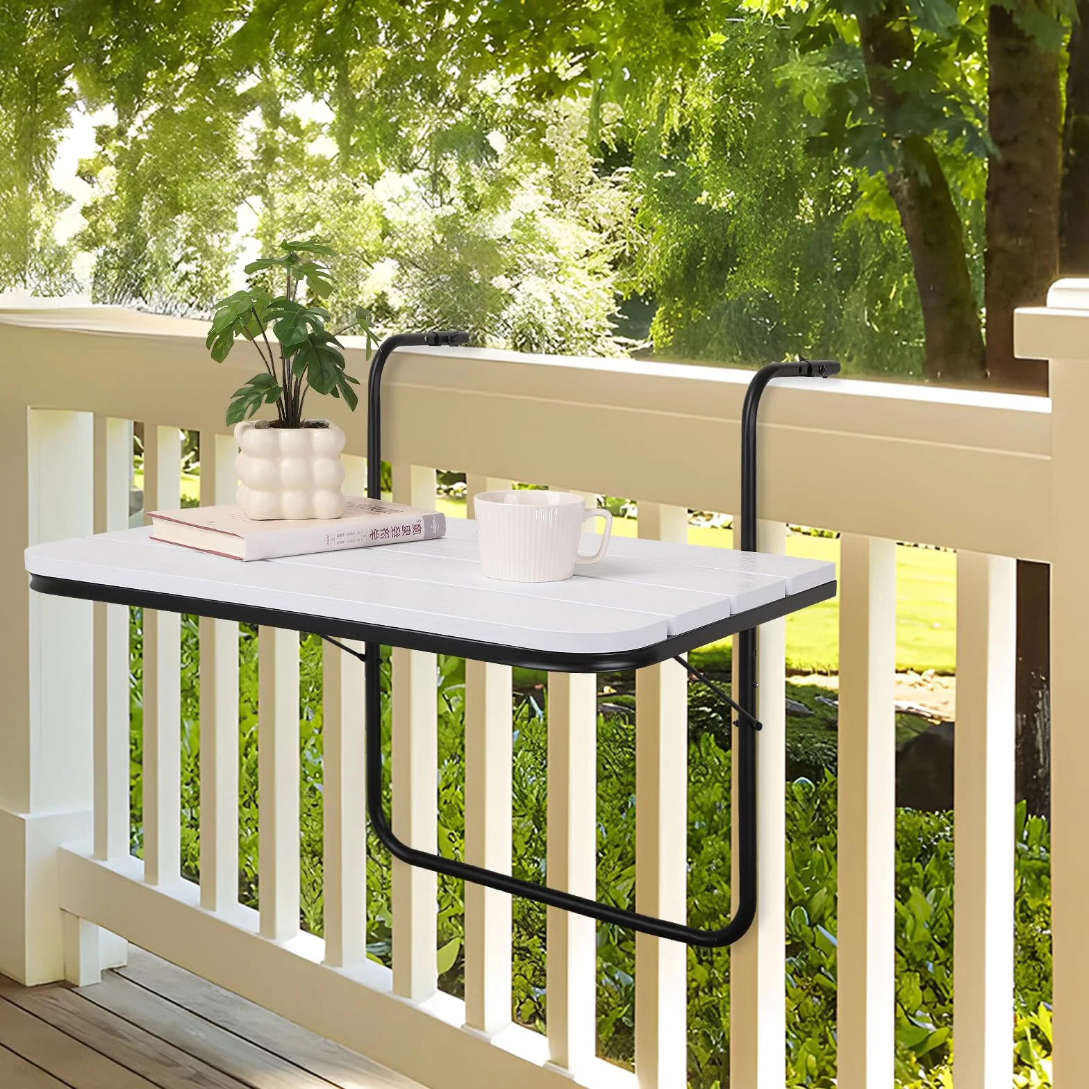 Tavolo da pranzo da balcone per esterni, pieghevole, per ringhiere, in legno bianco, con telaio in metallo, regolabile, per ringhiere, compatibile con molte ringhiere