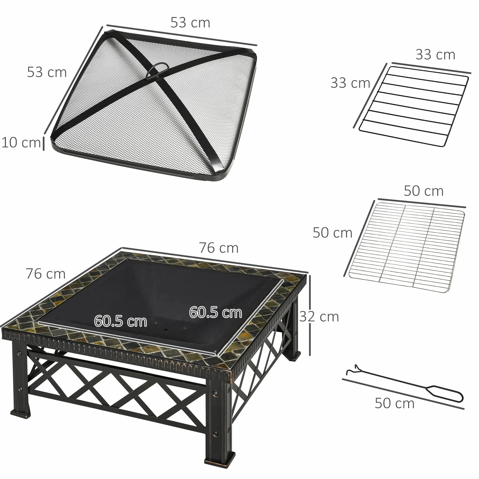 Outsunny Braciere da Giardino 76x76x47cm Nero con Coperchio Parascintille e Griglia per Barbecue