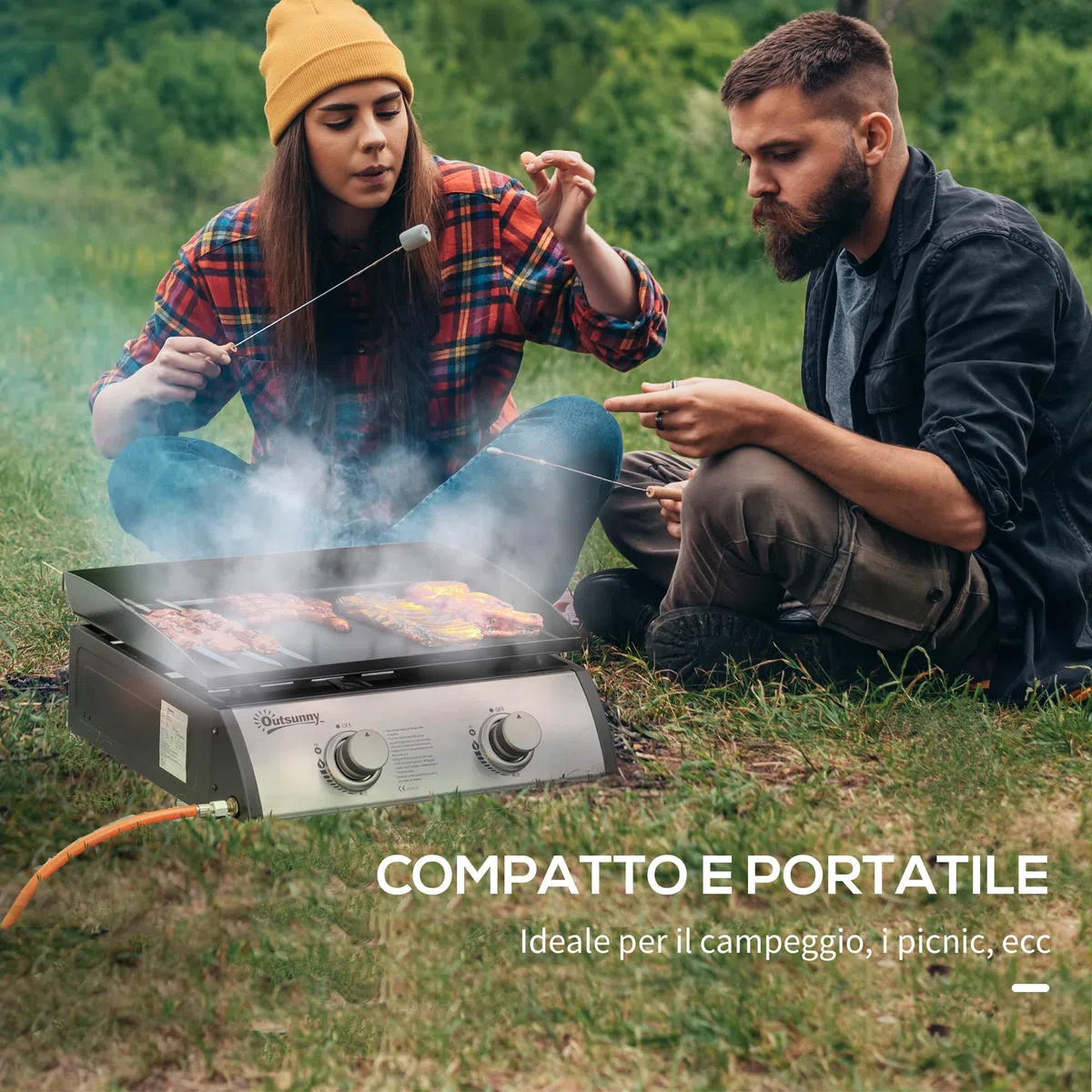 Outsunny Piastra Barbecue a Gas 2 Bruciatori BBQ Antiaderente da Tavolo 5kW 48.5x46x21cm Nero