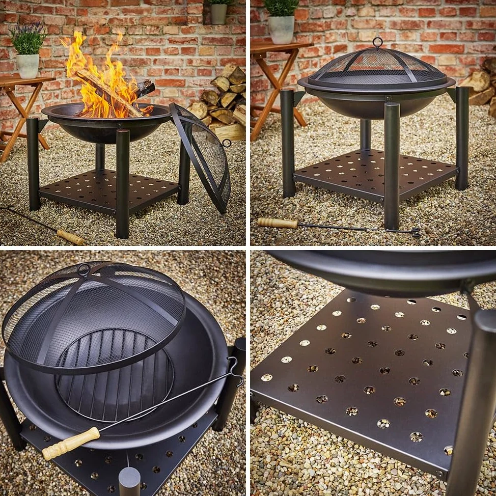 Deuba Braciere Rotondo Ø 55cm Attizzatoio Parascintille Ripiano Portaoggetti Camino Giardino Stufa