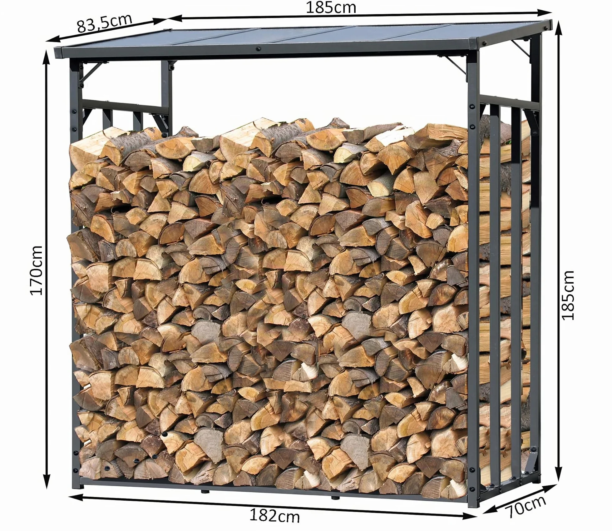 Scaffale per legna da ardere in metallo antracite XXL 185x70x185 cm 2,3 m³ per esterni
