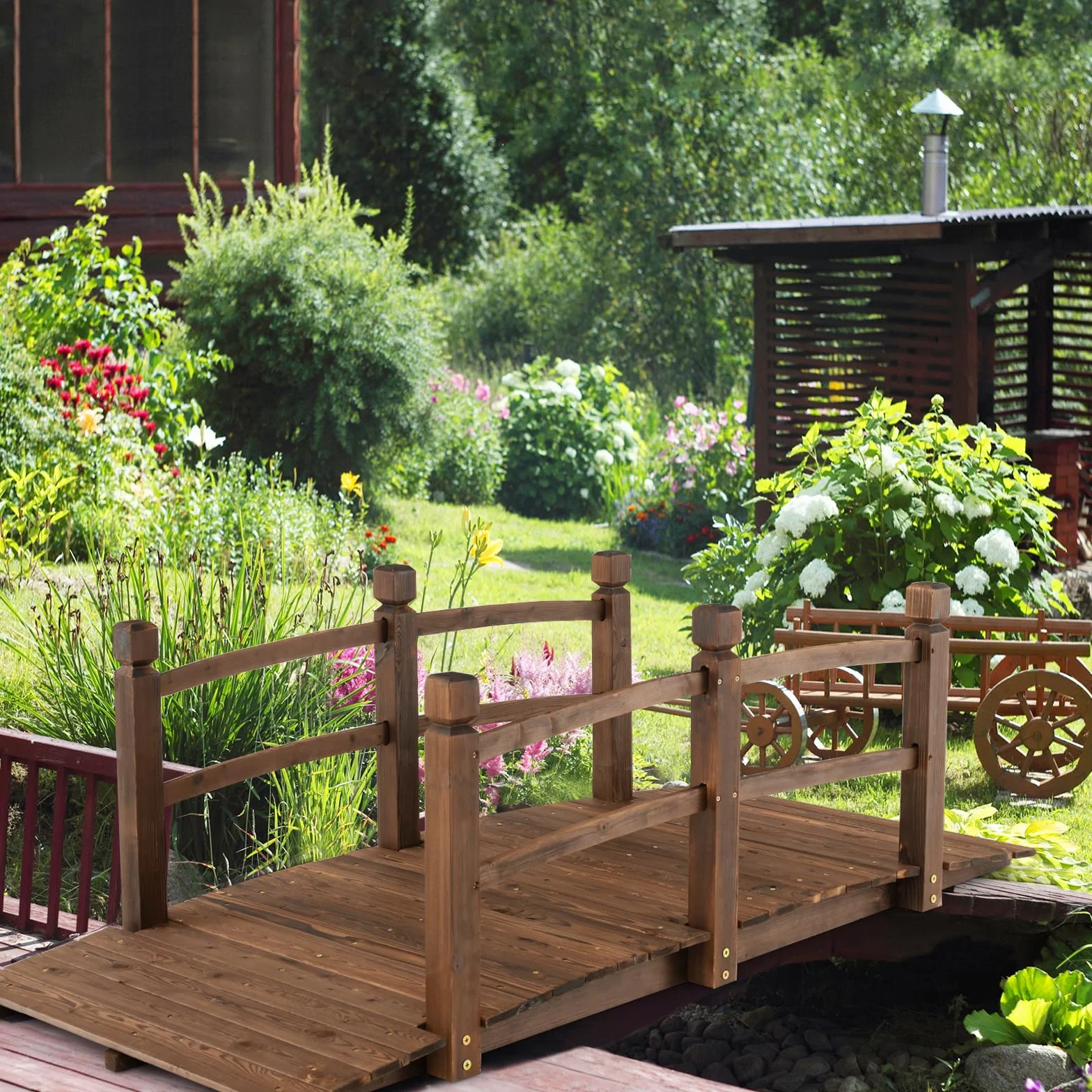 COSTWAY Ponte da Giardino in Legno di Abete 170 cm, Ponticello Decorativo con Ringhiere di Sicurezza, per Giardino Cortile e Fattoria, 171x76,5x58,5cm, Portata 180 kg
