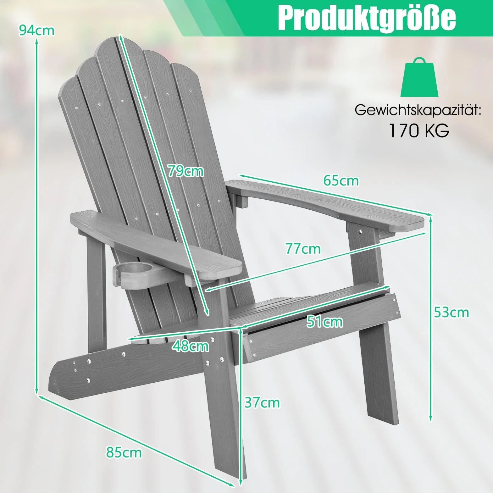 FANTASK Adirondack - Sedia da giardino resistente alle intemperie, in plastica, portata 170 kg, colore: Grigio chiaro