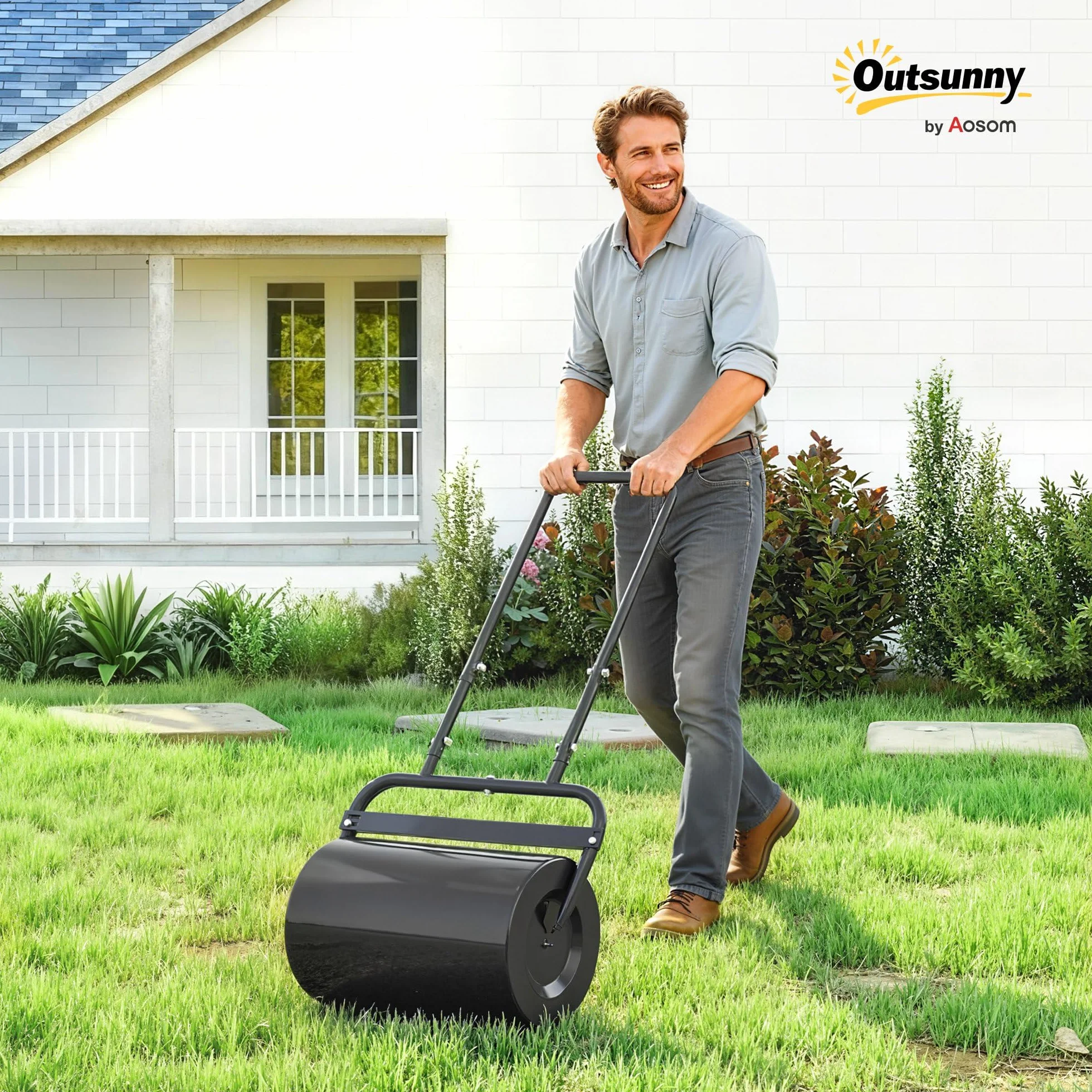 Outsunny Rullo da Giardino Φ32x50cm in Metallo Impermeabile Nero, Serbatoio Fino 38 Litri (Acqua o Sabbia)