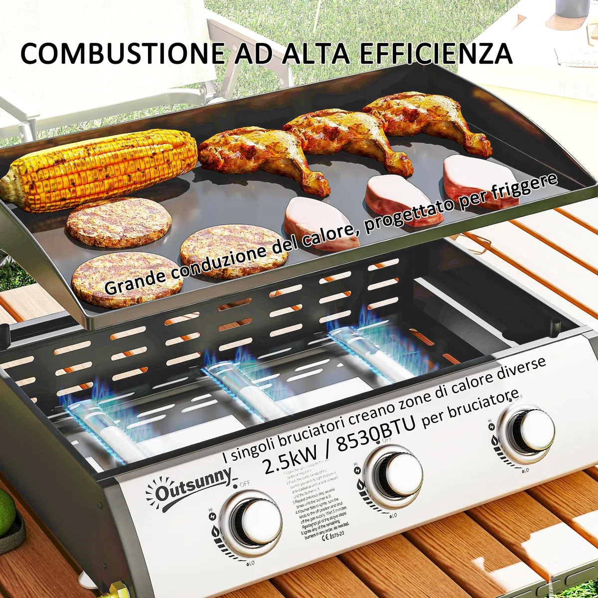 Outsunny Barbecue a Gas 3 Bruciatori 7.5kW Griglia Portatile 61x35.5cm Nero