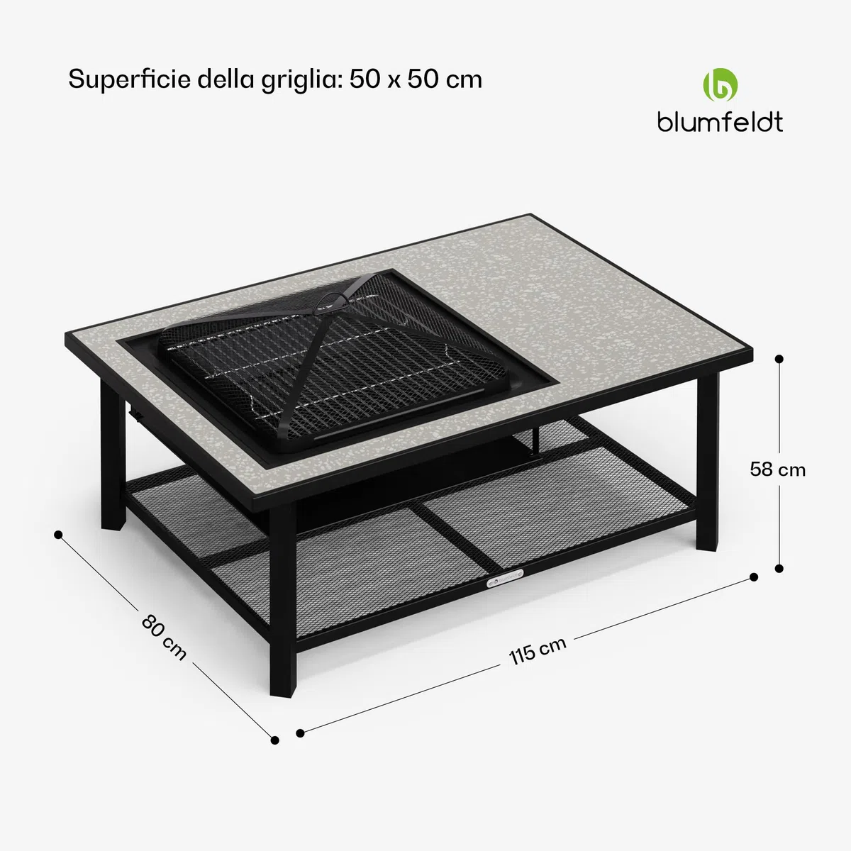 blumfeldt Merano Avanzato L Braciere da Giardino - 3-in-1 Braciere Barbecue & Tavolo, Telaio in Acciaio, Piano in Terrazzo, Include Griglia, Attizzatoio, Parascintille & Coperchio, Nero