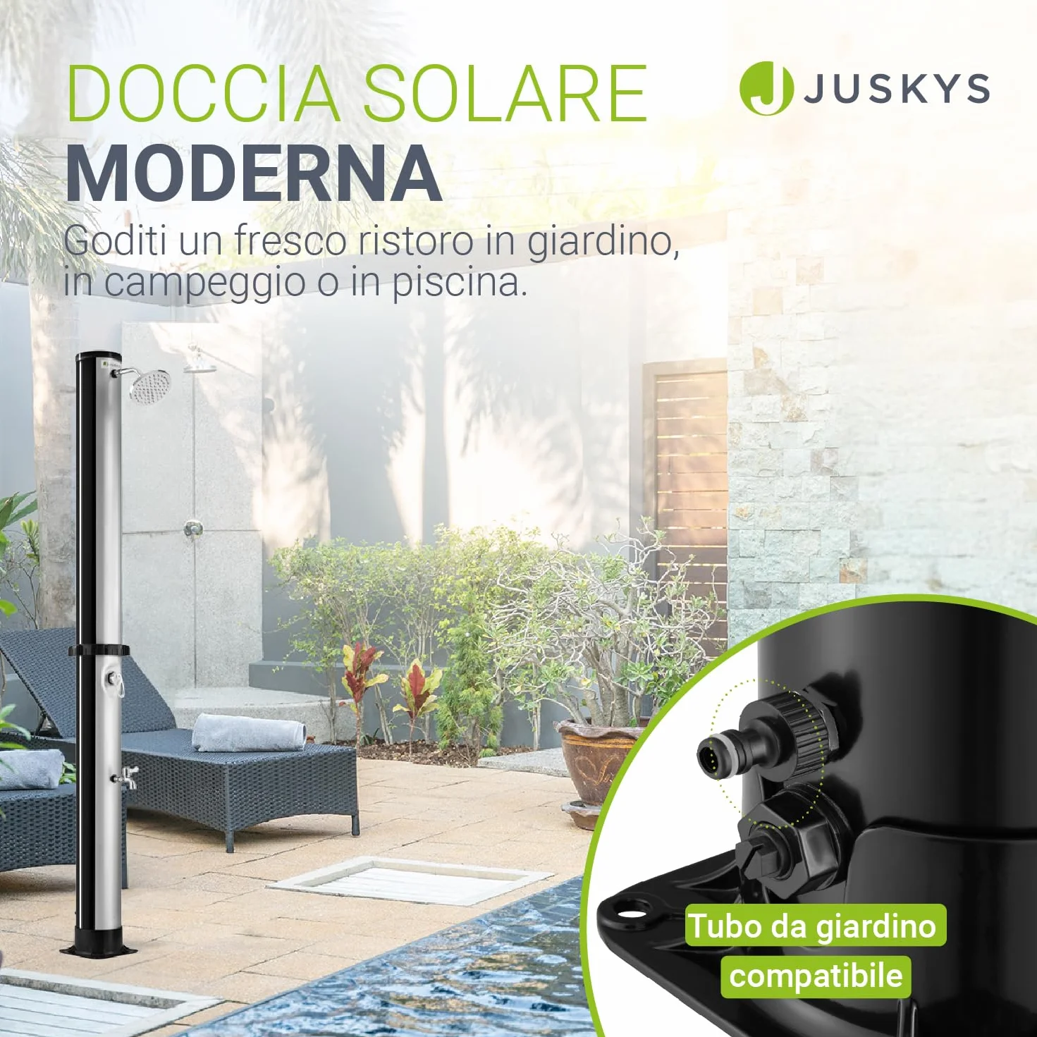 Juskys Doccia Solare Victoria 20/35 / 40 Litri - Fino a 60°C – con doccetta Girevole, Doccia per i Piedi e Collegamento per Tubo da Giardino Doccia da Giardino Doccia Esterna
