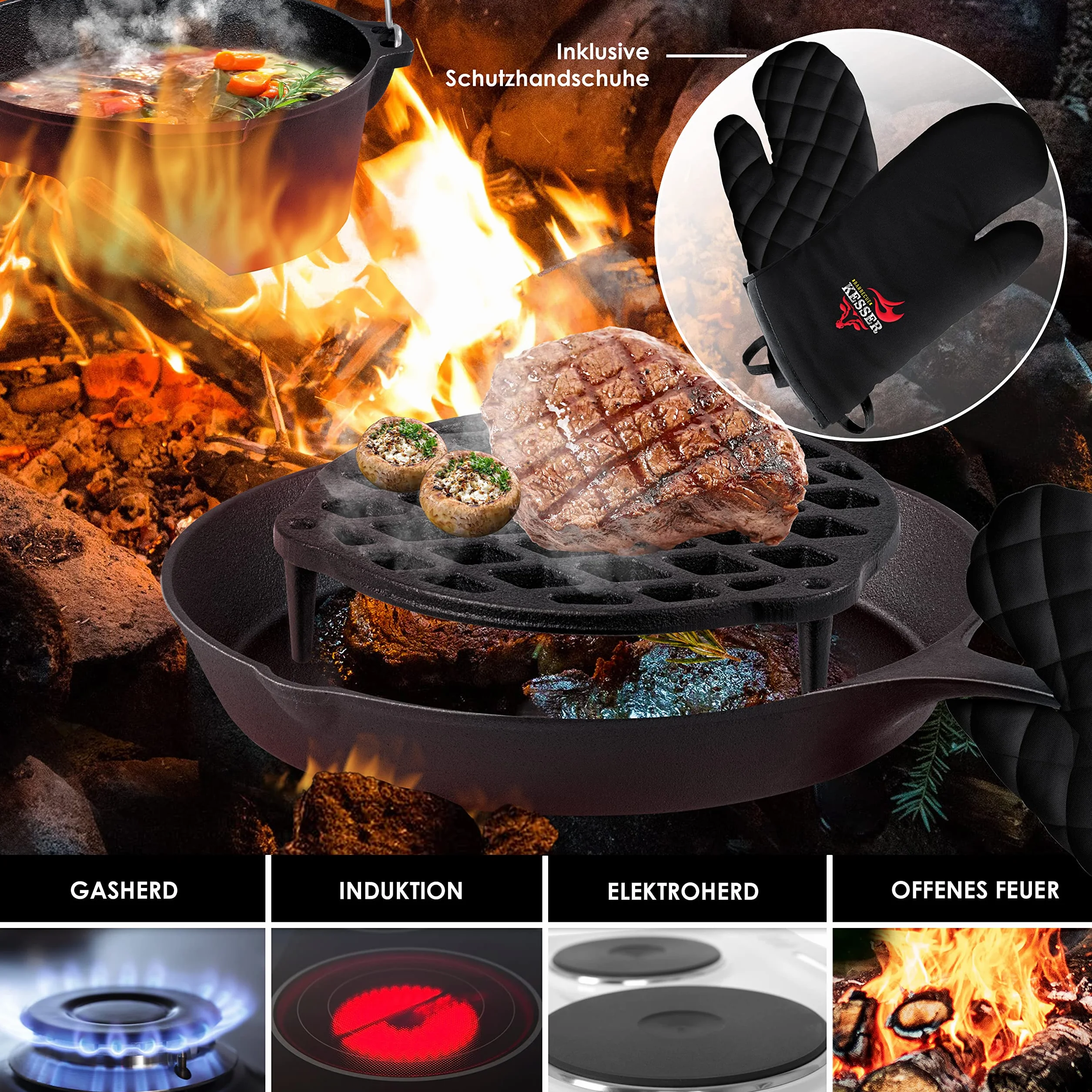 KESSER® Dutch Oven Set in scatola di legno con forno olandese Con molti accessori - ghisa - già bruciato con pentola di cottura piastra grill padella coperchio sollevatore I 12 Pezzi