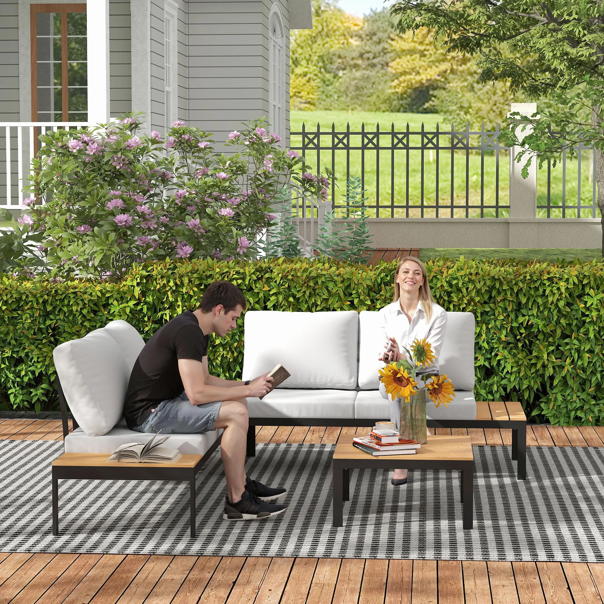 Outsunny Set Salotto da Giardino 4 Pezzi, 2 Divanetto 2 Posti, 2 Tavolini Caffè Quadrati, Legno e Cuscini Sfoderabili, Metallo e Legno Composito, Teak