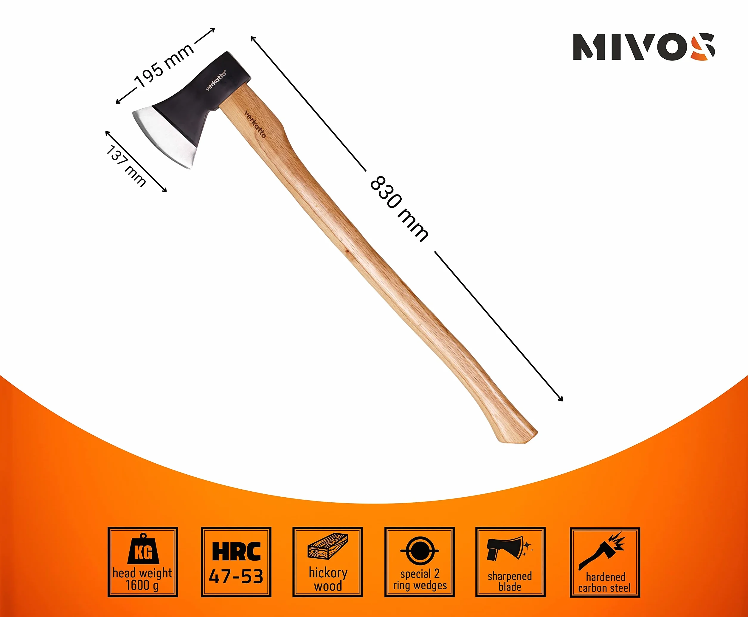 Mivos Ascia Lunga 1600 g 93 cm Spaccalegna Acciaio Manico Legno Hickory Accetta da Spacco Universale