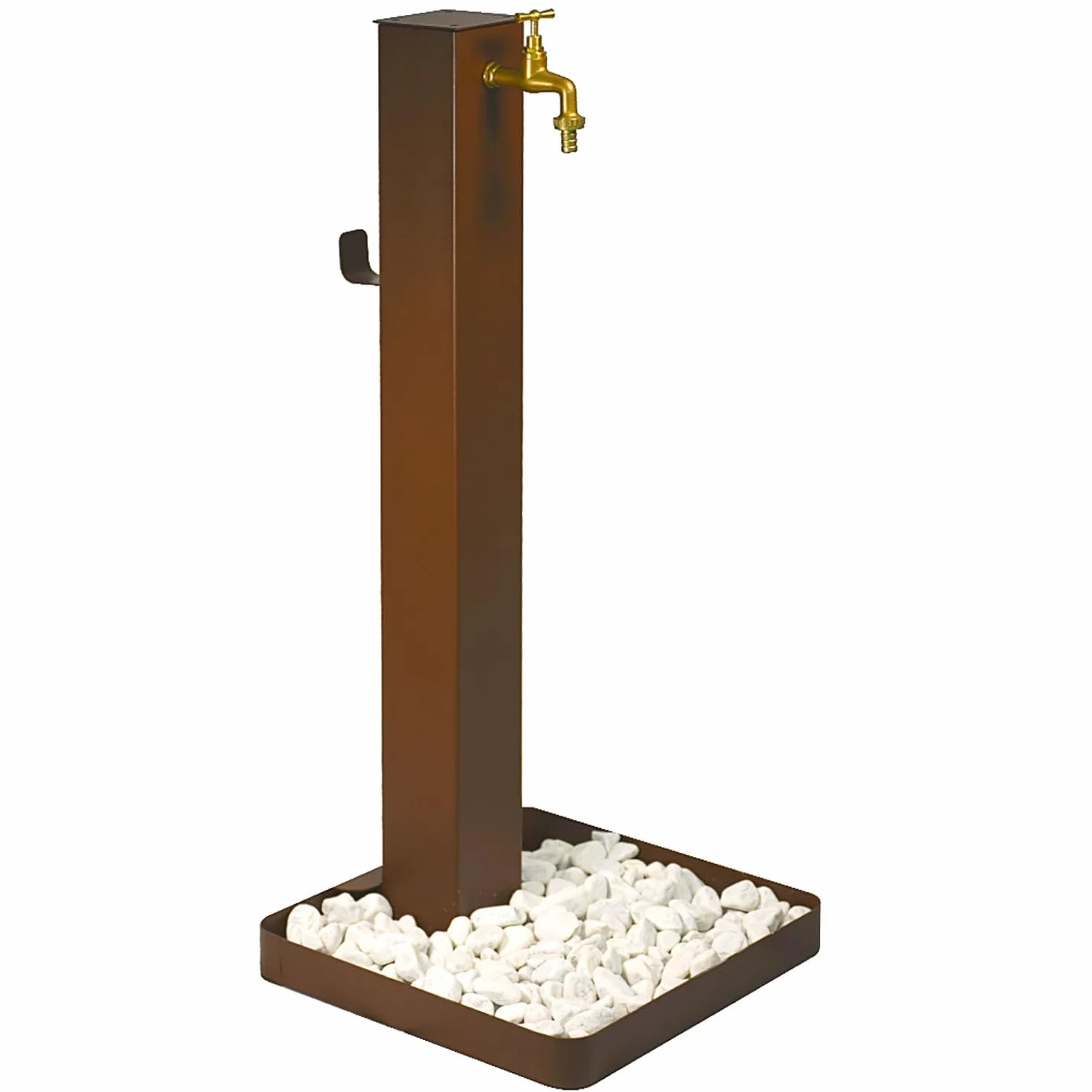 Fontana da Giardino Design a Colonna Quadrata Rubinetto in Ottone e Base con Ciottoli Corten