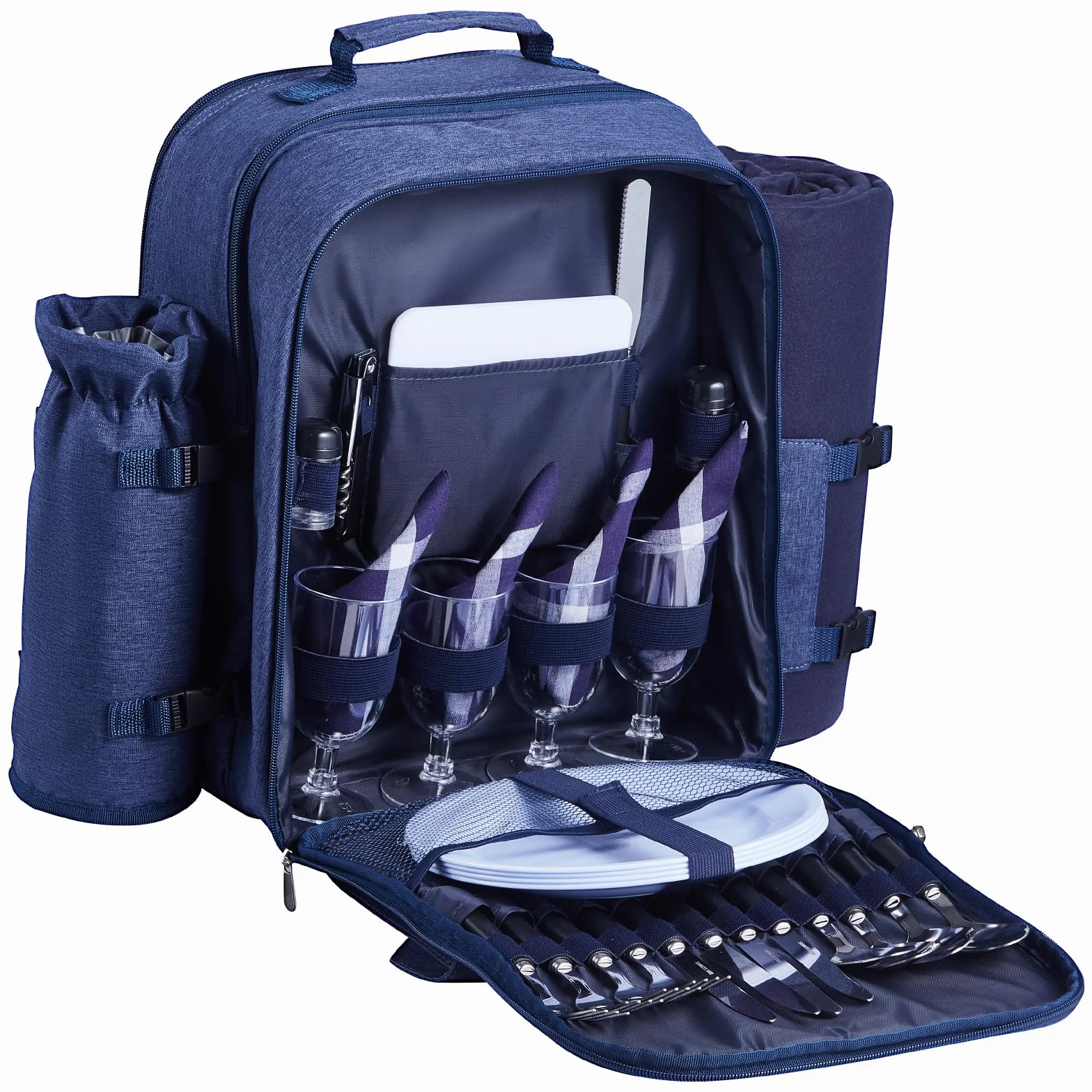VEVOR Zaino da Picnic per 4 Persone, Capacità di 20 L Borsa da Picnic da Spiaggia con Portabottiglie Vino Staccabile, Coperta Leggera, Piatti e Sei di Posate per Esterni, Blu Marino