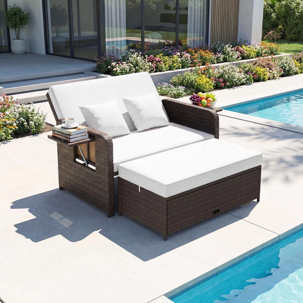 GIANTEX Divano da Giardino in Rattan con Poggiapiedi, Doppio Divano da Esterno con Schienale Regolabile, Mobili da Giardino per Terrazza, Balcone, Cortile (Misto Marrone+Bianco)