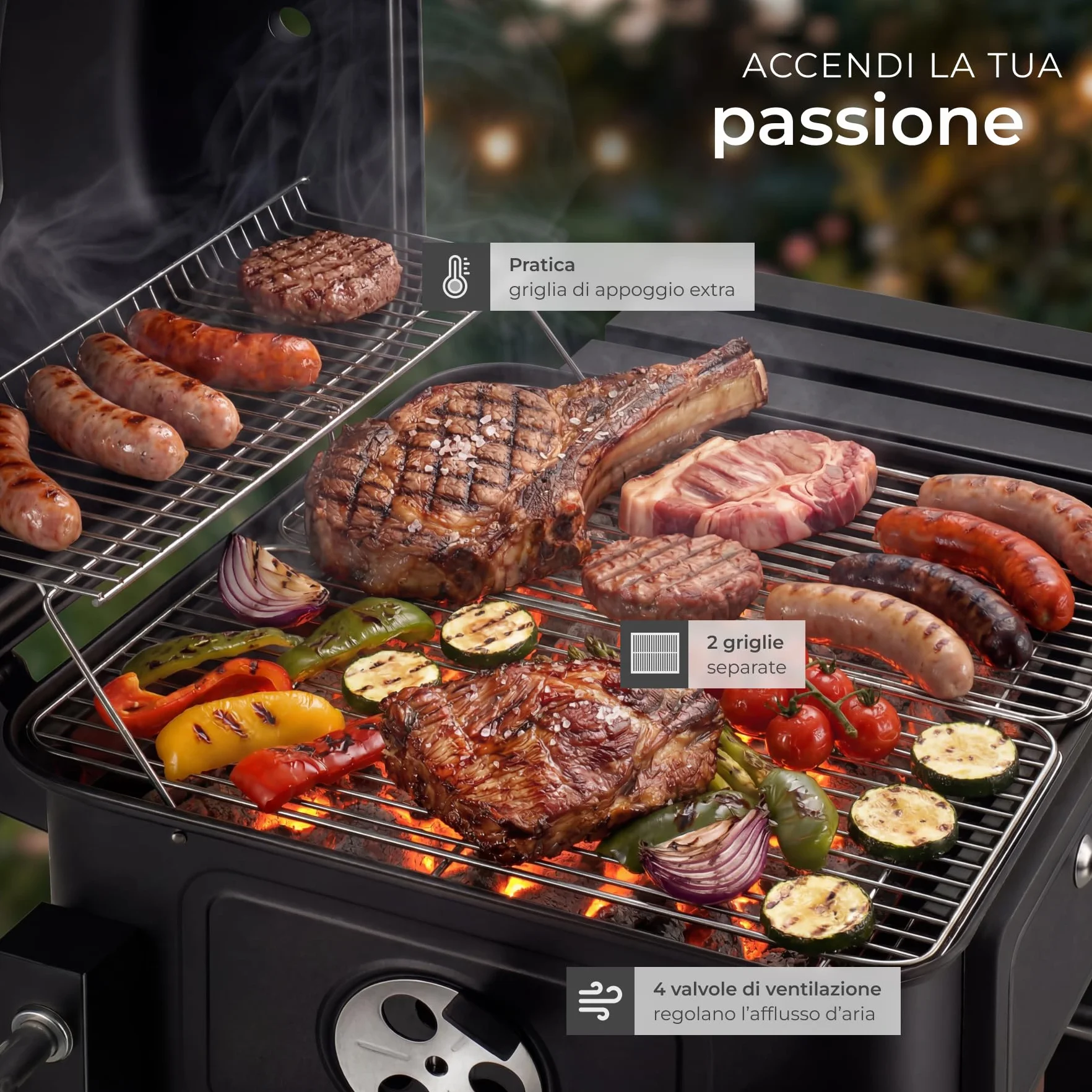 Tectake Barbecue Carbonella Portatile 110x64x104 cm Griglia Acciaio 3 Ganci 2 Ruote Cassetto Carbone Termometro Coperchio Nero
