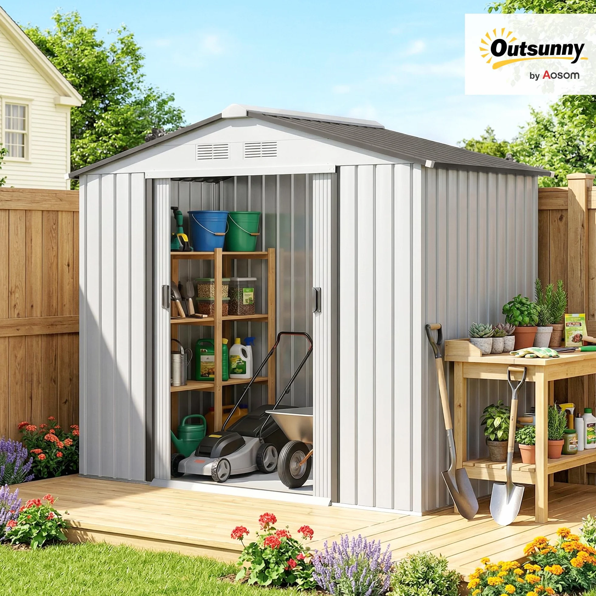 Outsunny Casetta da Giardino 2.5m² Acciaio Zincato con Basamento 213x130x185 cm Bianco Argentato